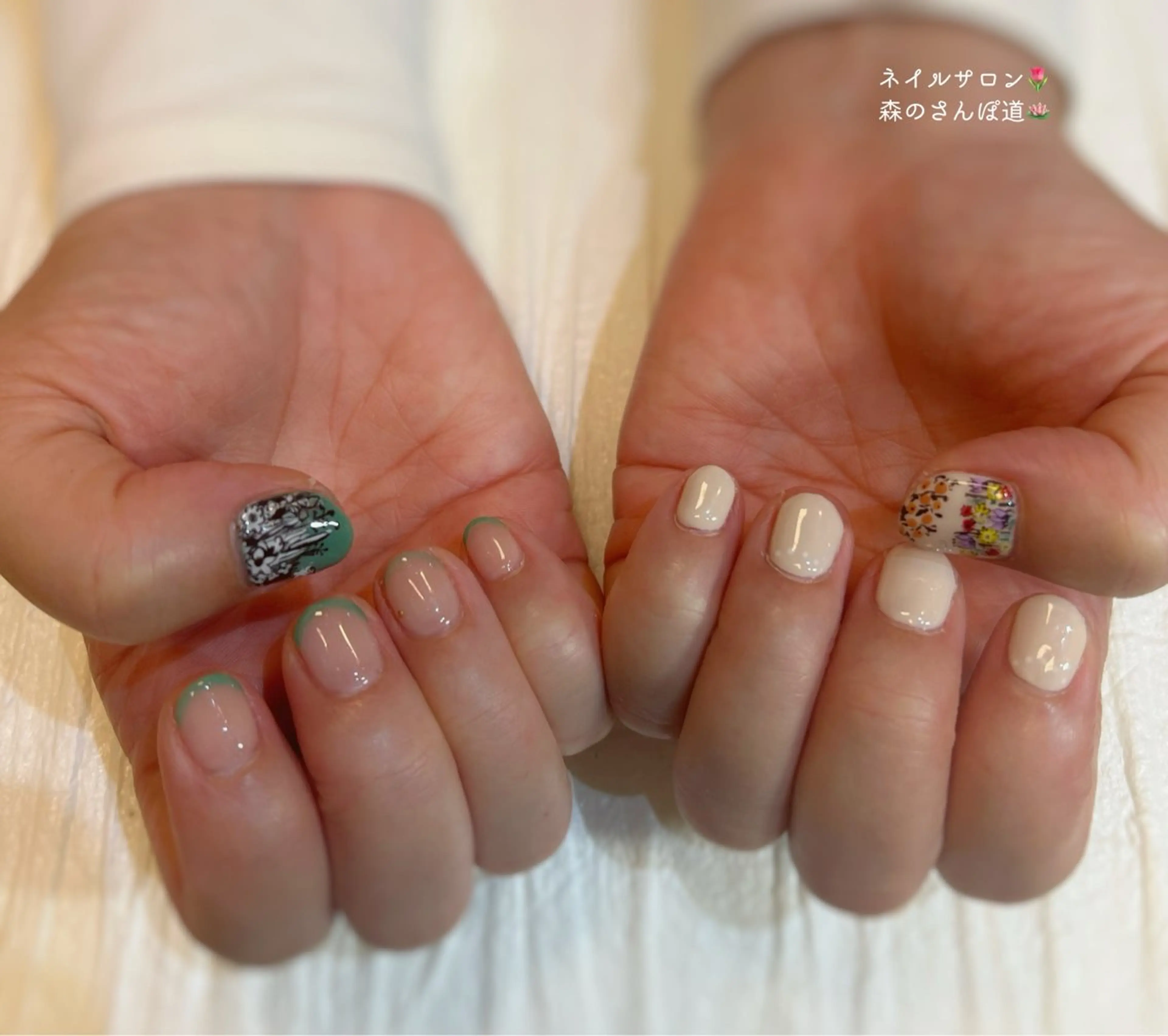 ネイル ハンドネイル ショートネイル 森のさんぽ道のネイルデザイン