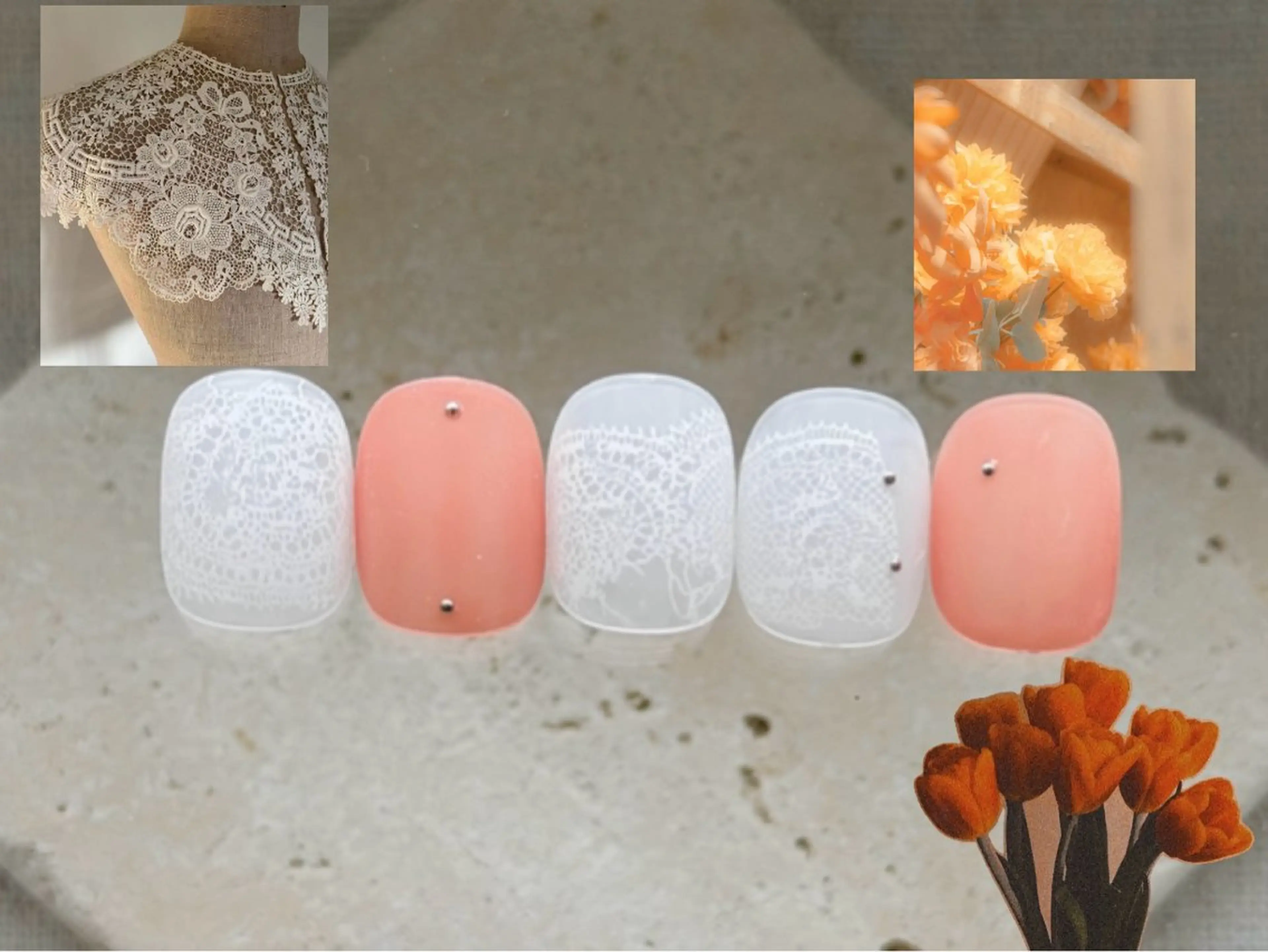 ネイル レース マットネイル ニュアンスネイル オレンジ ハンドネイル ANOVA アノヴァのネイルデザイン