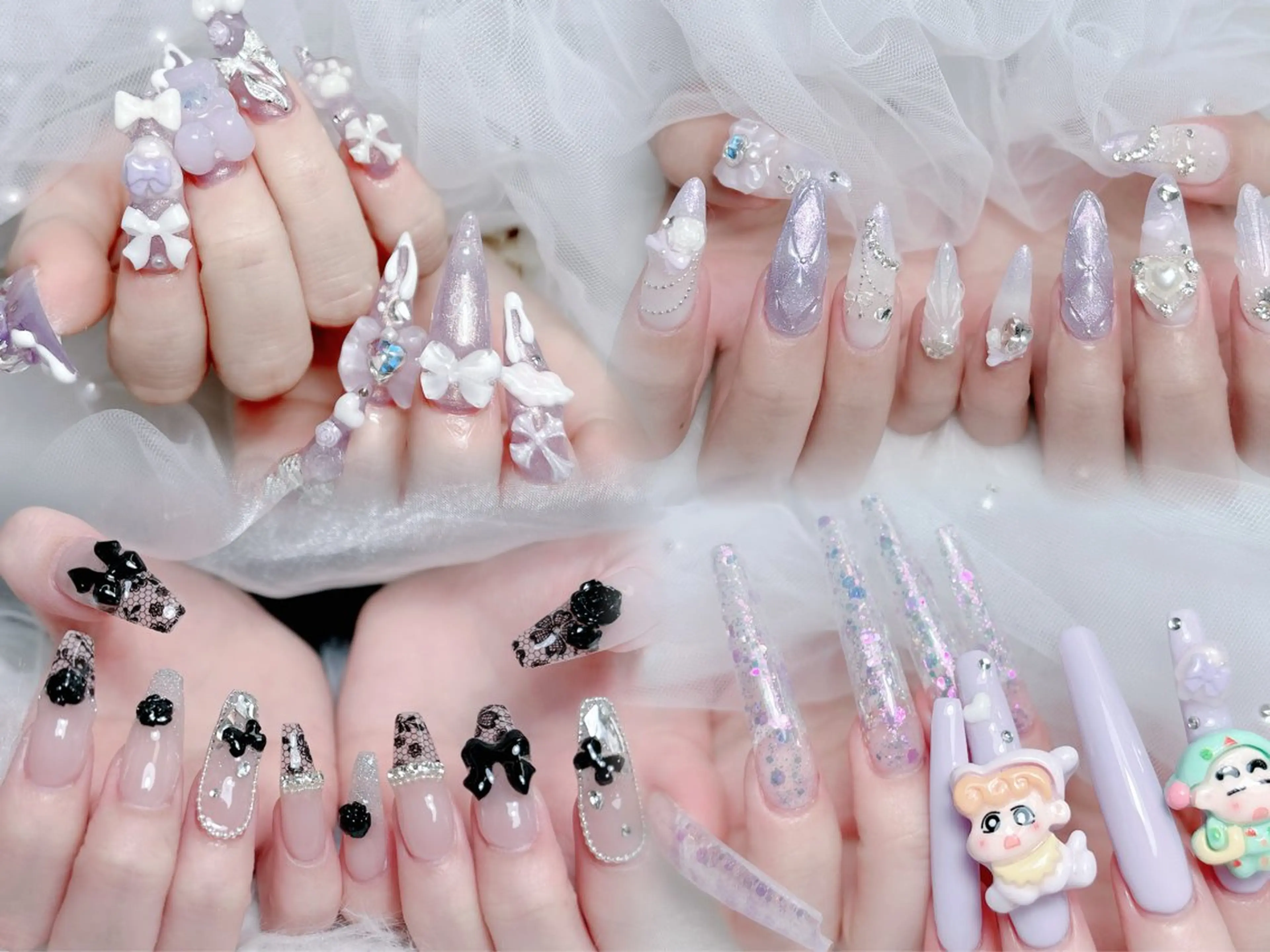 ネイル 成人式 ロングネイル マグネットネイル 大理石ネイル(マーブル) リボン ハンドネイル MoMoA Nail ネイル長さ出し専門店のネイルデザイン