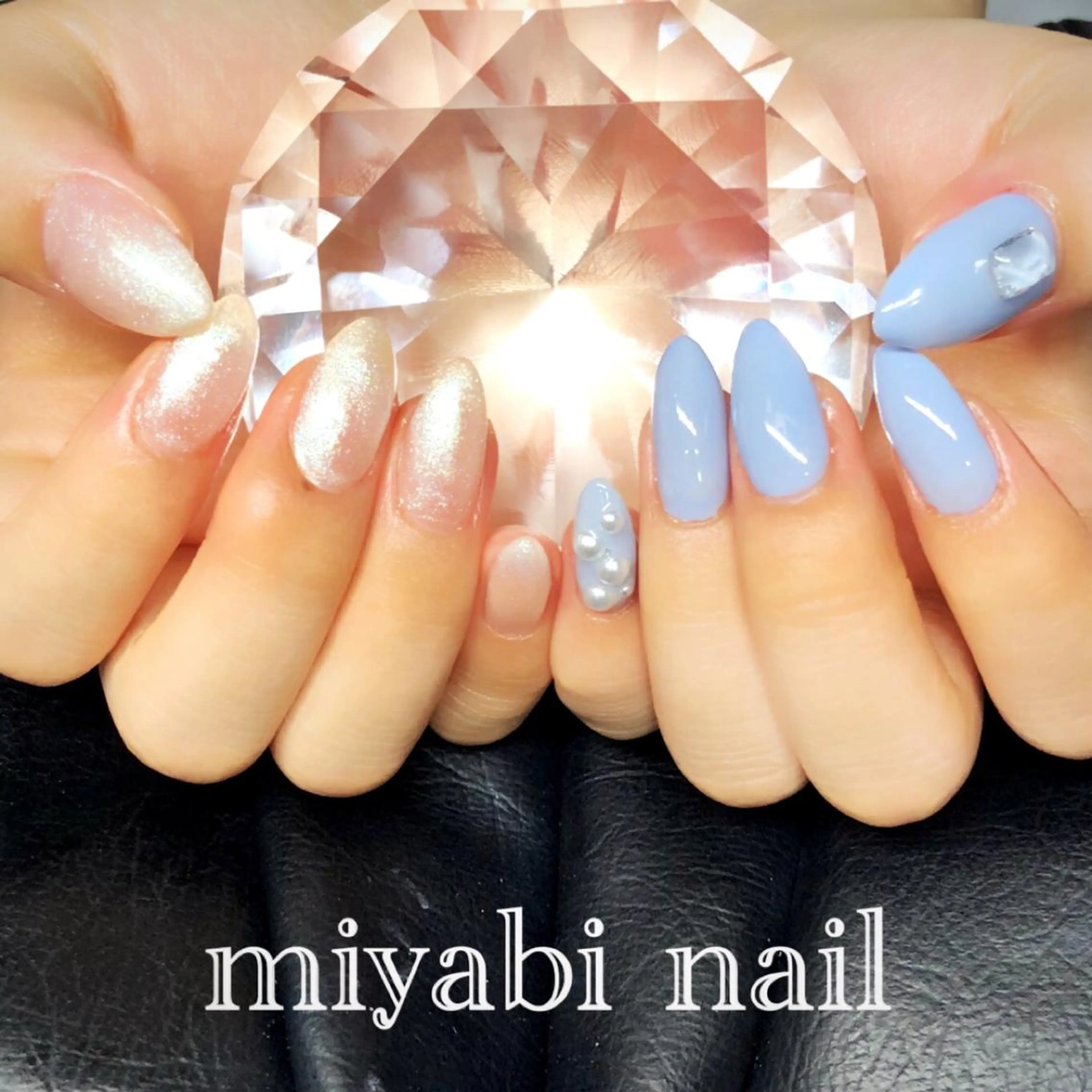 ネイル ブルー クリアネイル ジェルネイル ラメ(グリッター) スクエアネイル ハンドネイル miyabi nail 桂川駅近くのネイルデザイン