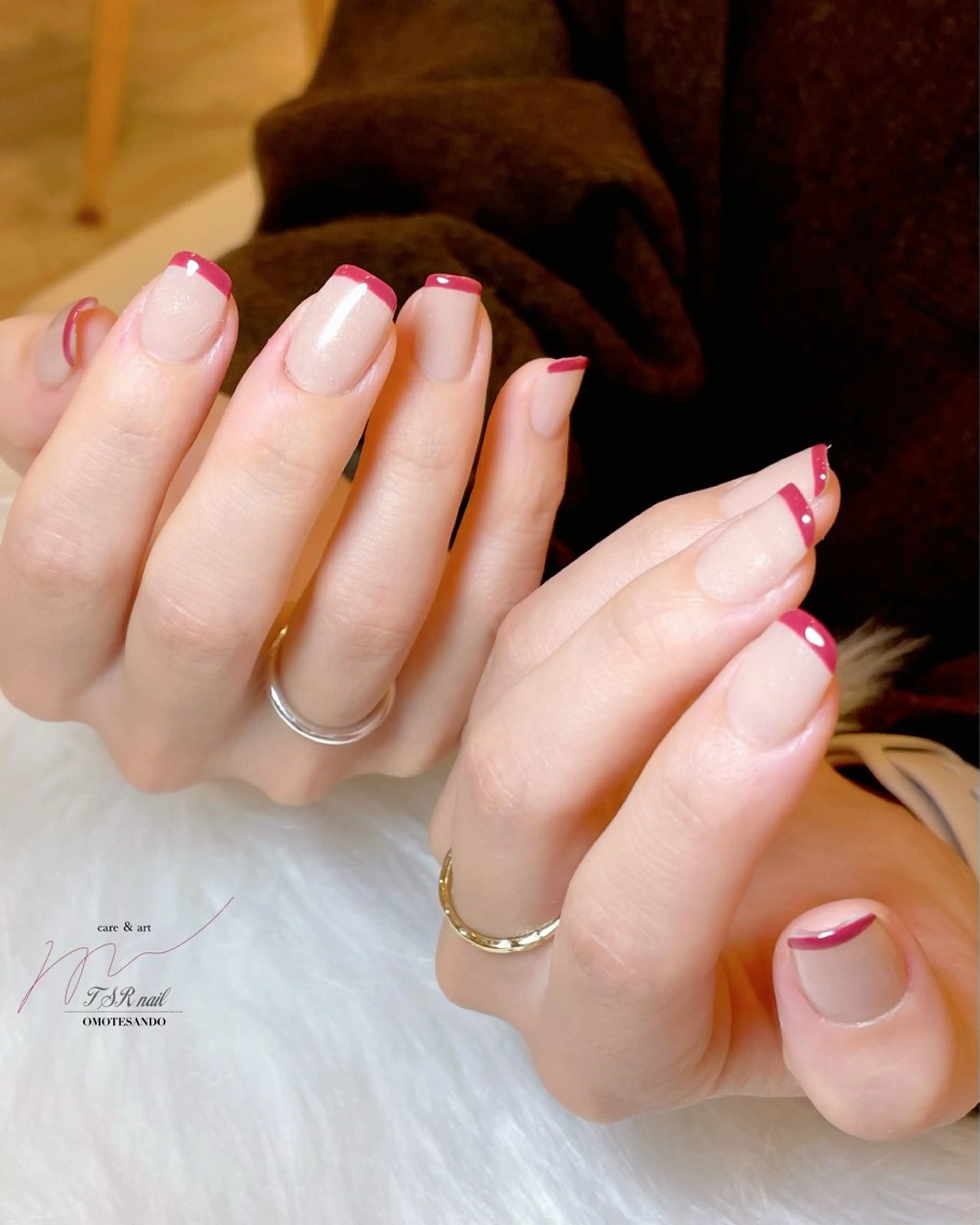 ネイル ボルドー フレンチネイル ピンク 赤色 冬ネイル ハンドネイル ハンドケア 爪咲 りり花のネイルデザイン