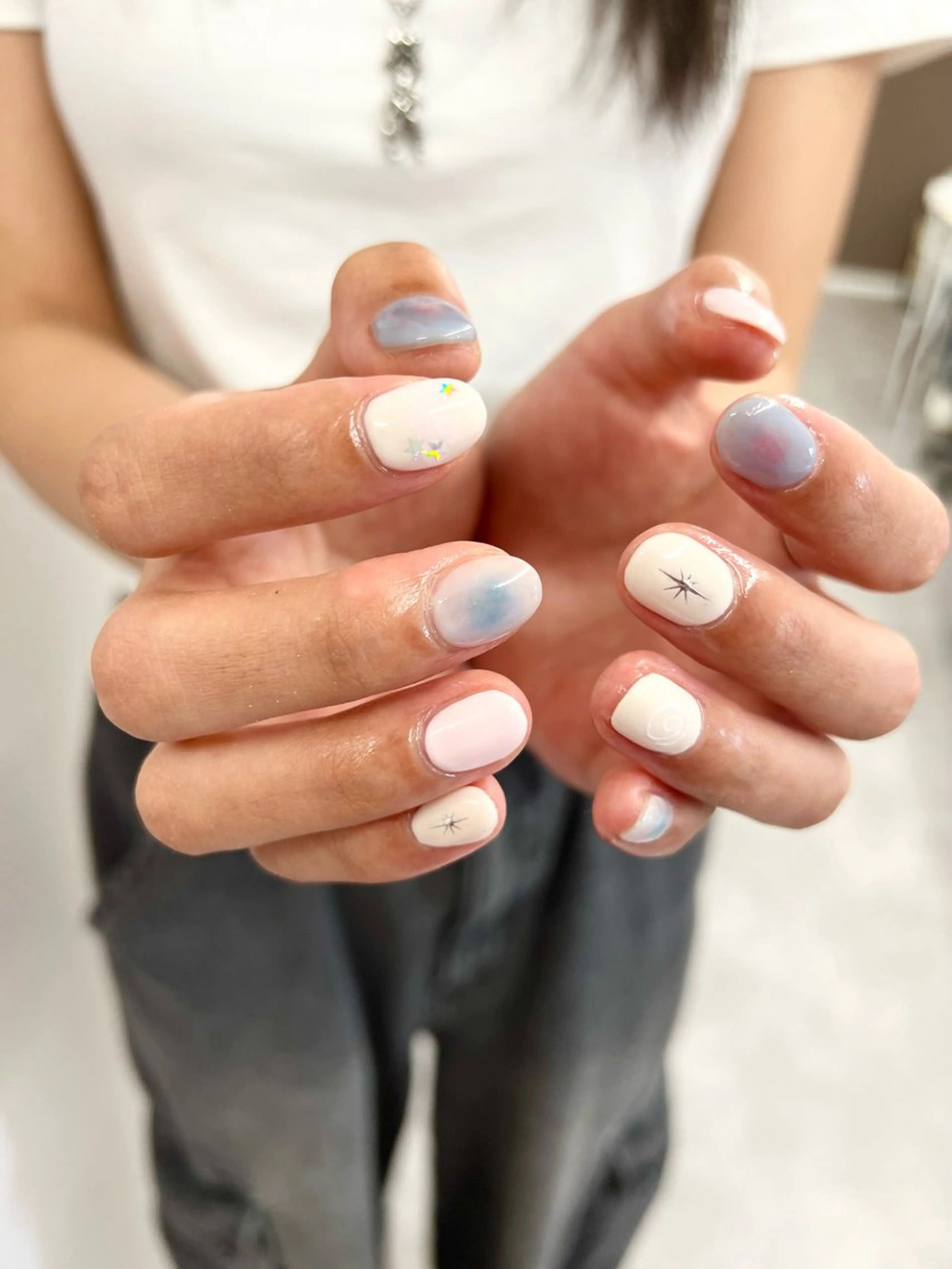 ネイル アートネイル ジェルネイル 韓国ネイル 水色 パラジェル ハンドネイル ハンドケア Bana_ Nailのネイルデザイン