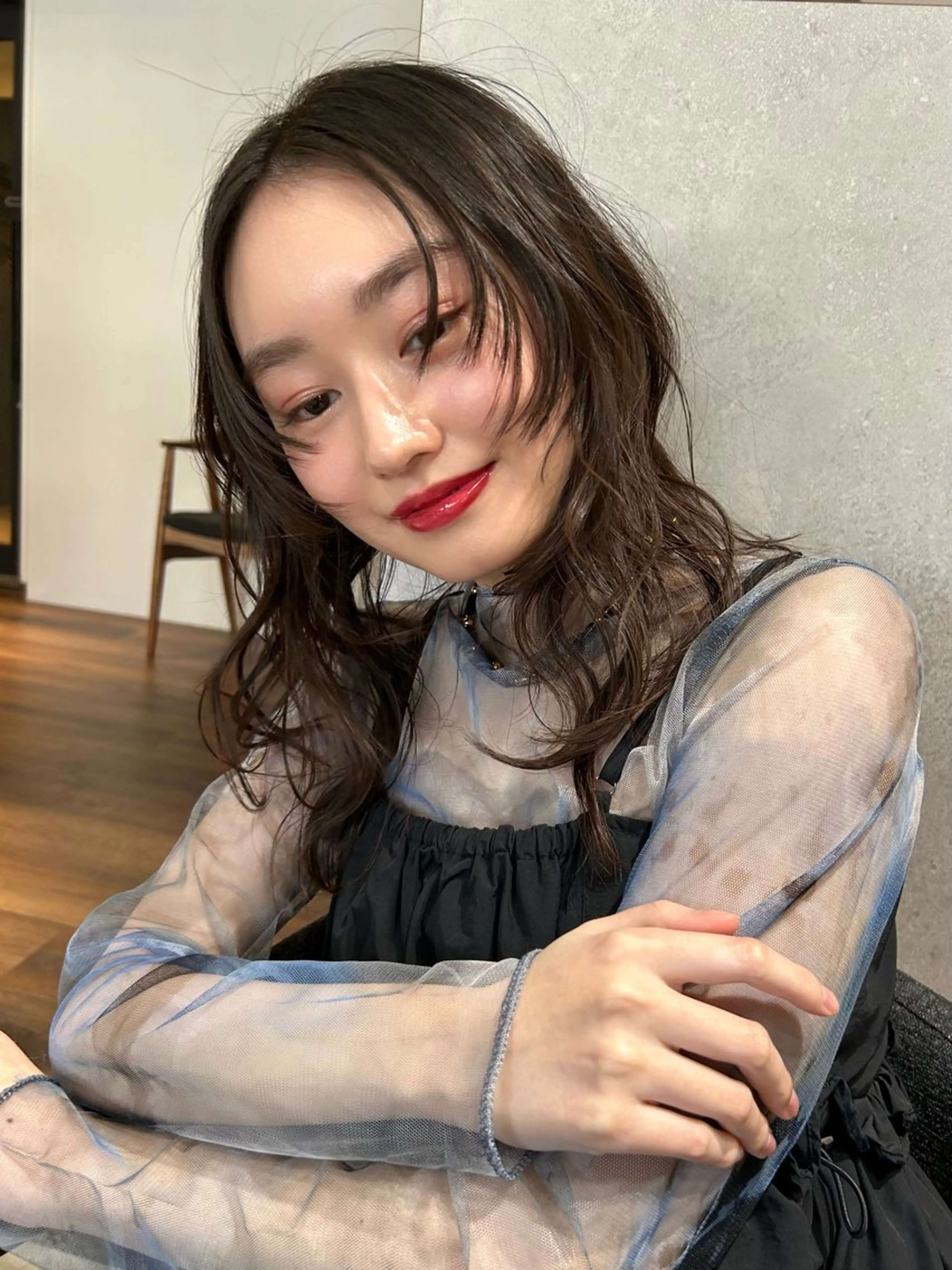 ミディアム 顔まわりレイヤー 顔周りカット レイヤーカット カット ヘアカラー トリートメント ヘアセット/透明感 カラー/MIHO♡のヘアスタイル