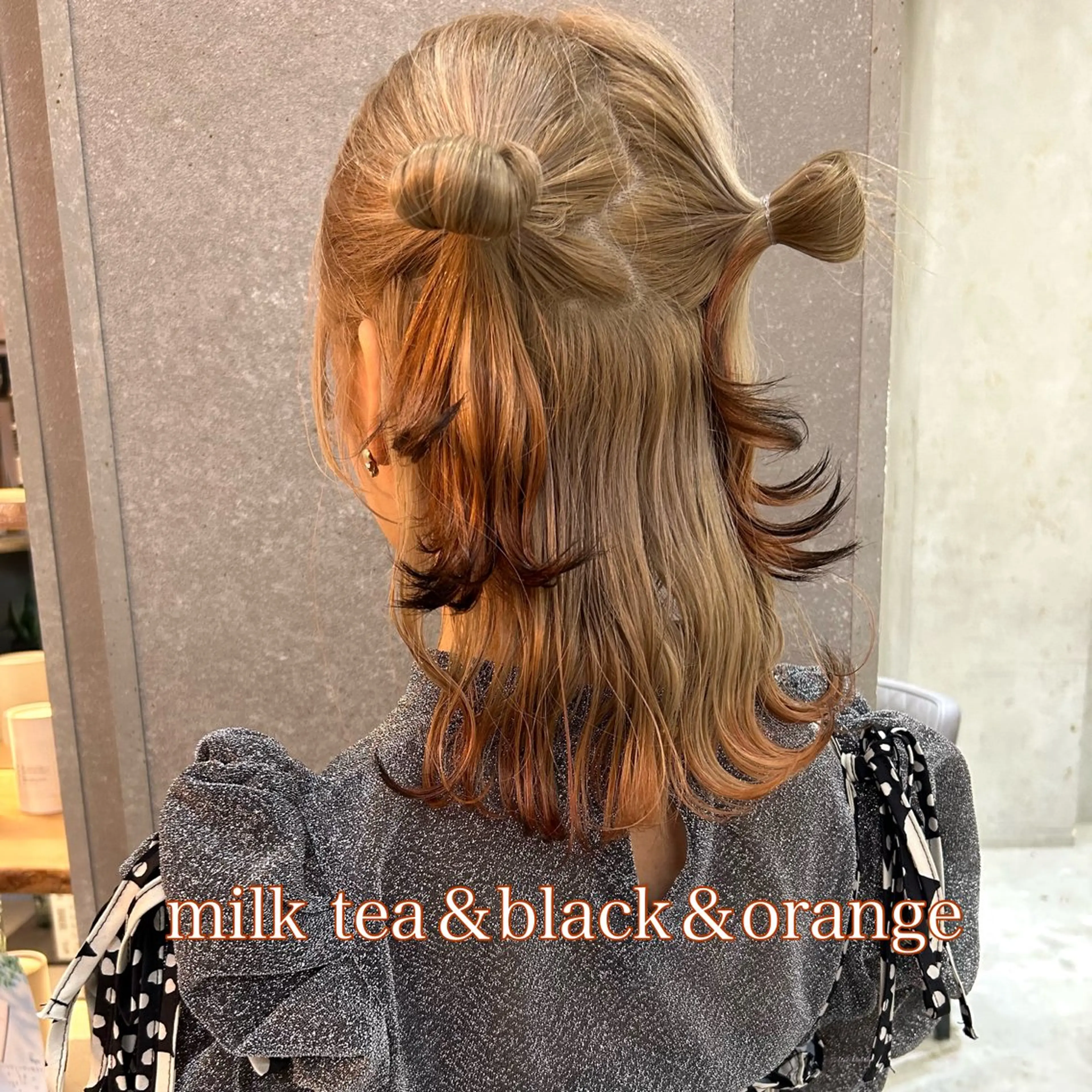 ミディアム カラー ヘアアレンジ 黒髪 ダブルカラー 狐カラー オレンジ ボブ/くびれボブ/ 髪質改善/Ru-kaのヘアスタイル