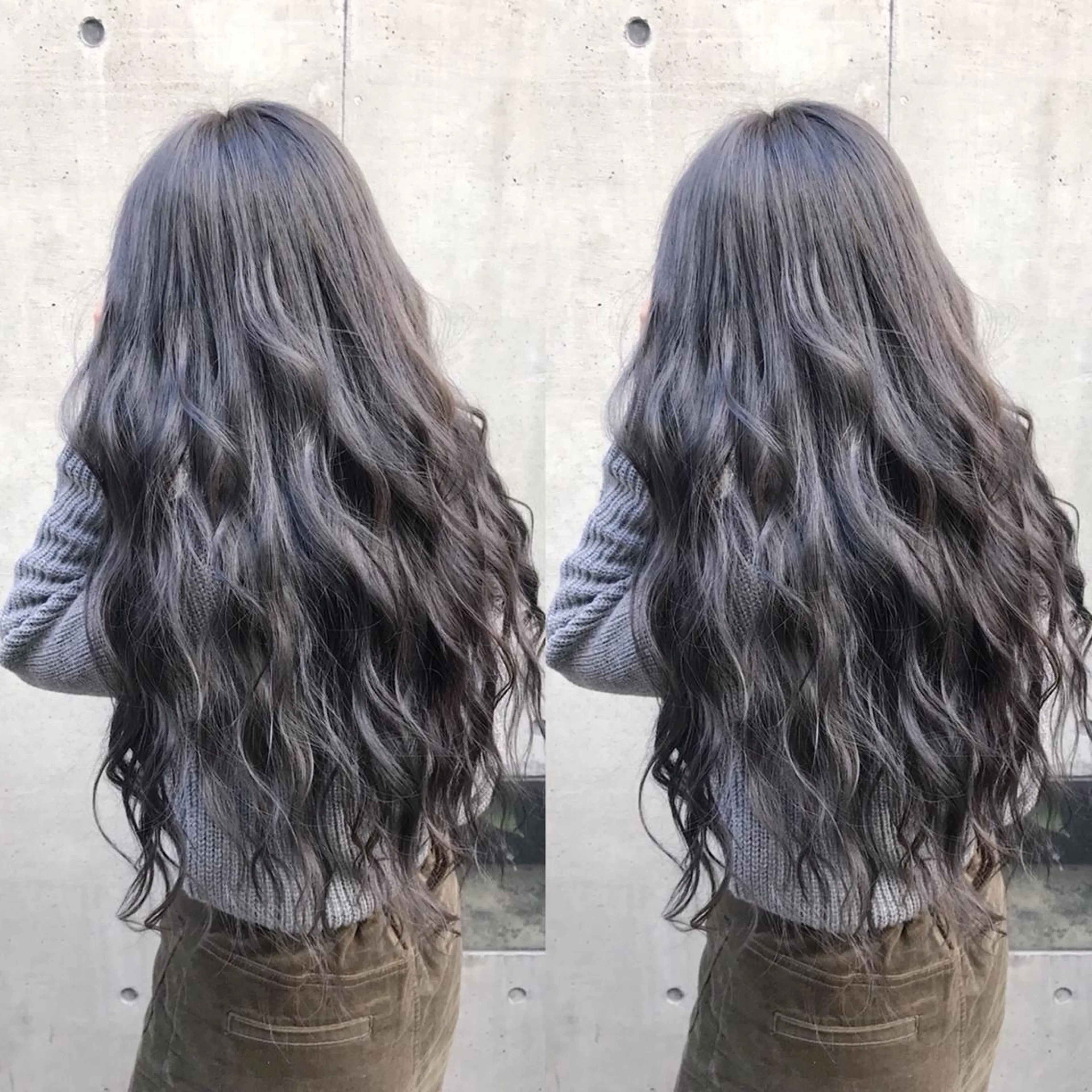 ロング カラー パーマ ヘアアレンジ メンズ キッズ ネイル マツエク・マツパ アッシュ ブルーカラー ブルーアッシュ ブルー 💟Chloe原宿店 🩶ハイトーンのヘアスタイル