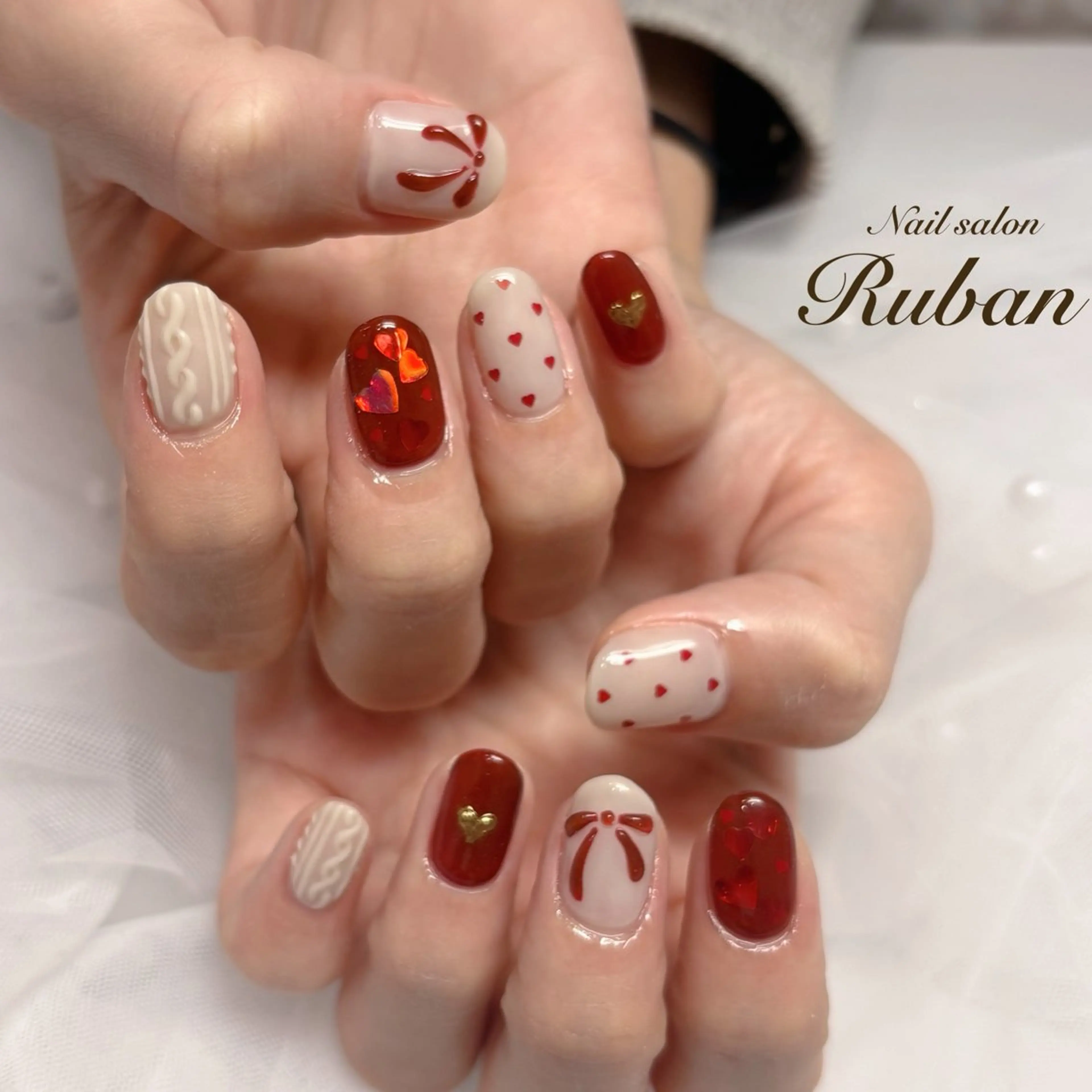 ネイル アートネイル ボルドー ハート 持ち込み リボン Nail salon Rubanのネイルデザイン