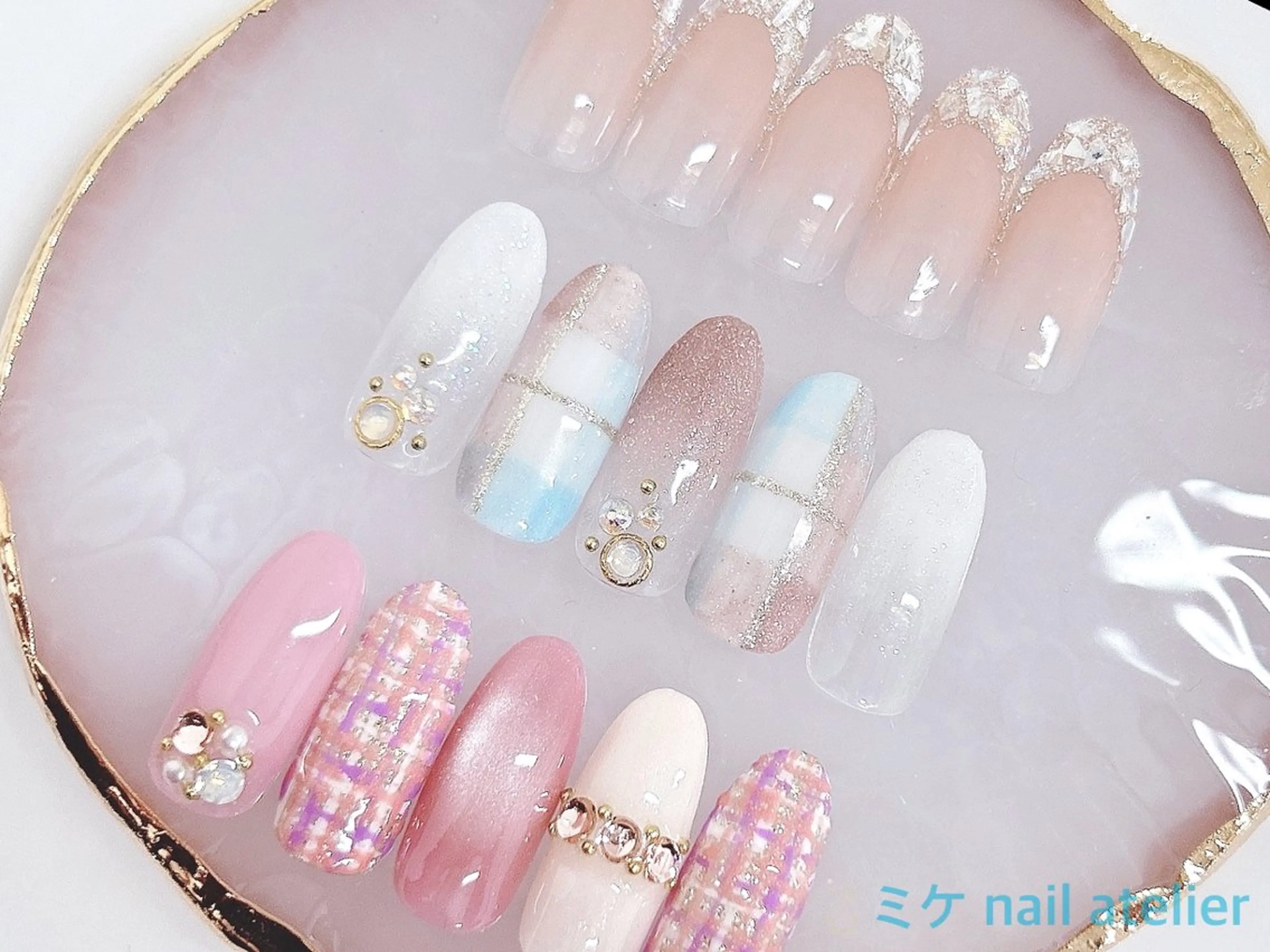 ネイル フレンチネイル ジェルネイル ガラスフレンチ ツイードネイル 冬ネイル h. rikaのネイルデザイン