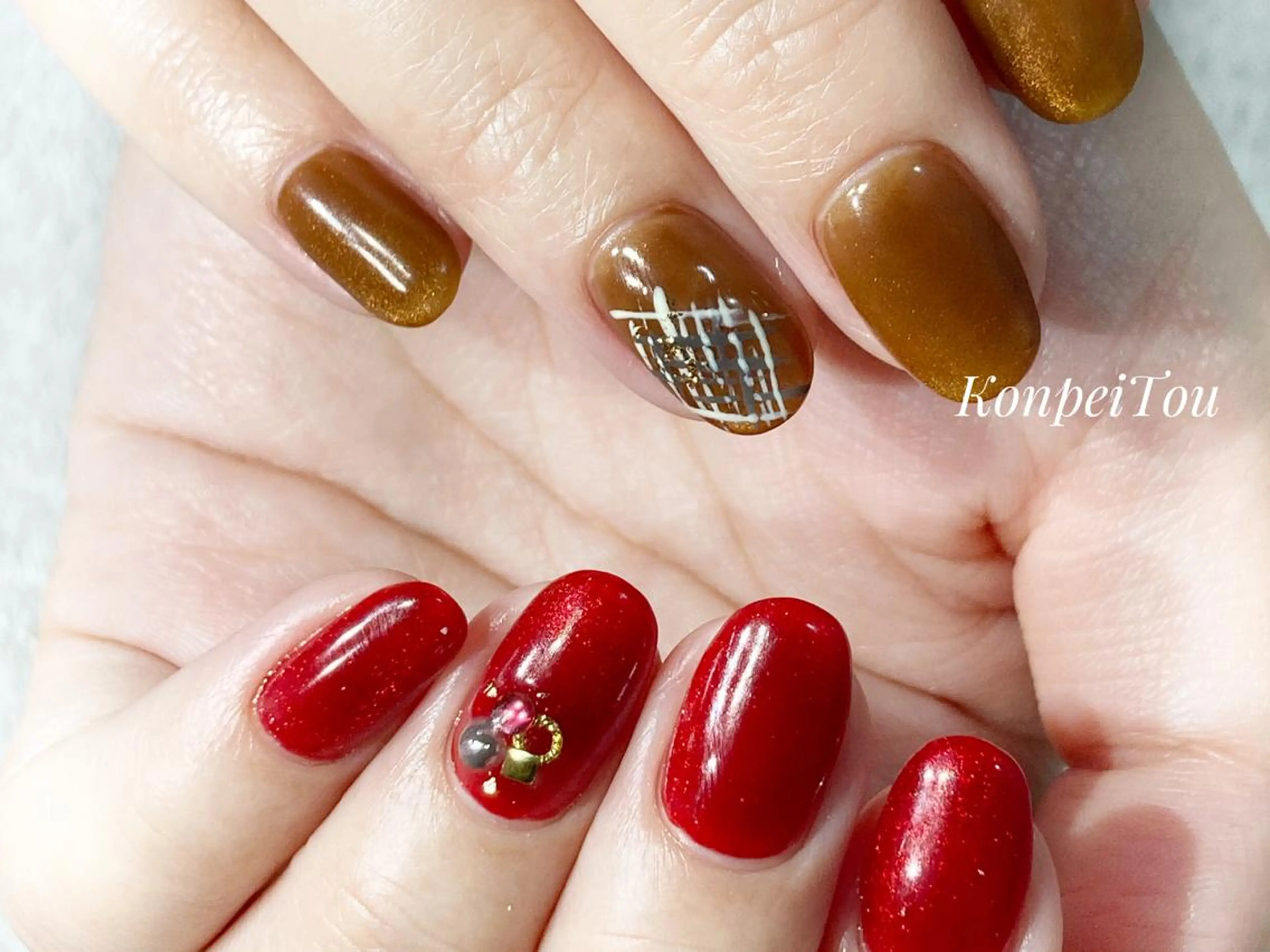 ネイル ブラウン ジェルネイル マグネットネイル バレンタイン ハンドネイル おうちのネイルサロン KonpeiTouのネイルデザイン
