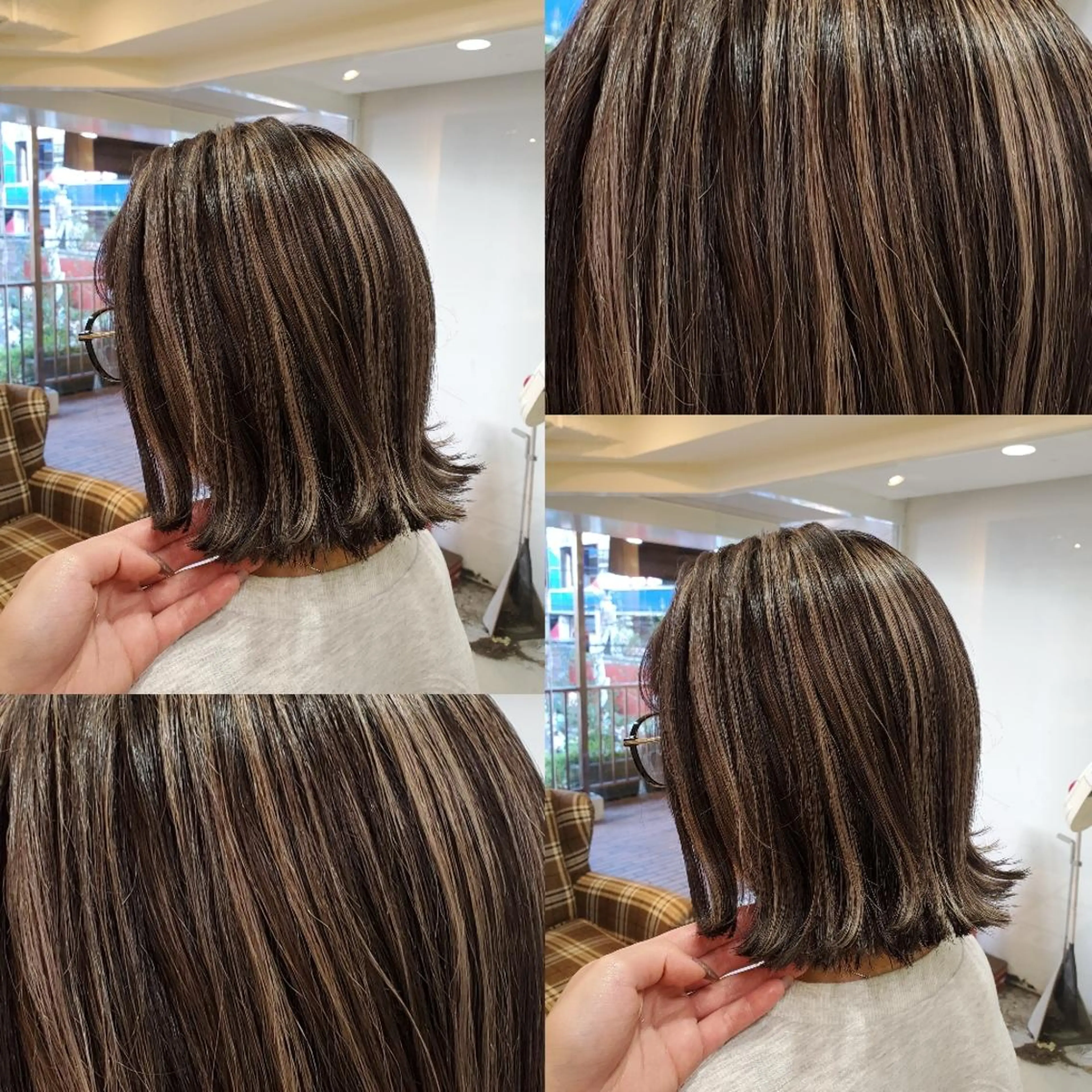 ミディアム ヘアカラー ツヤ髪✨縮毛矯正 ハイトーンカラーのヘアスタイル