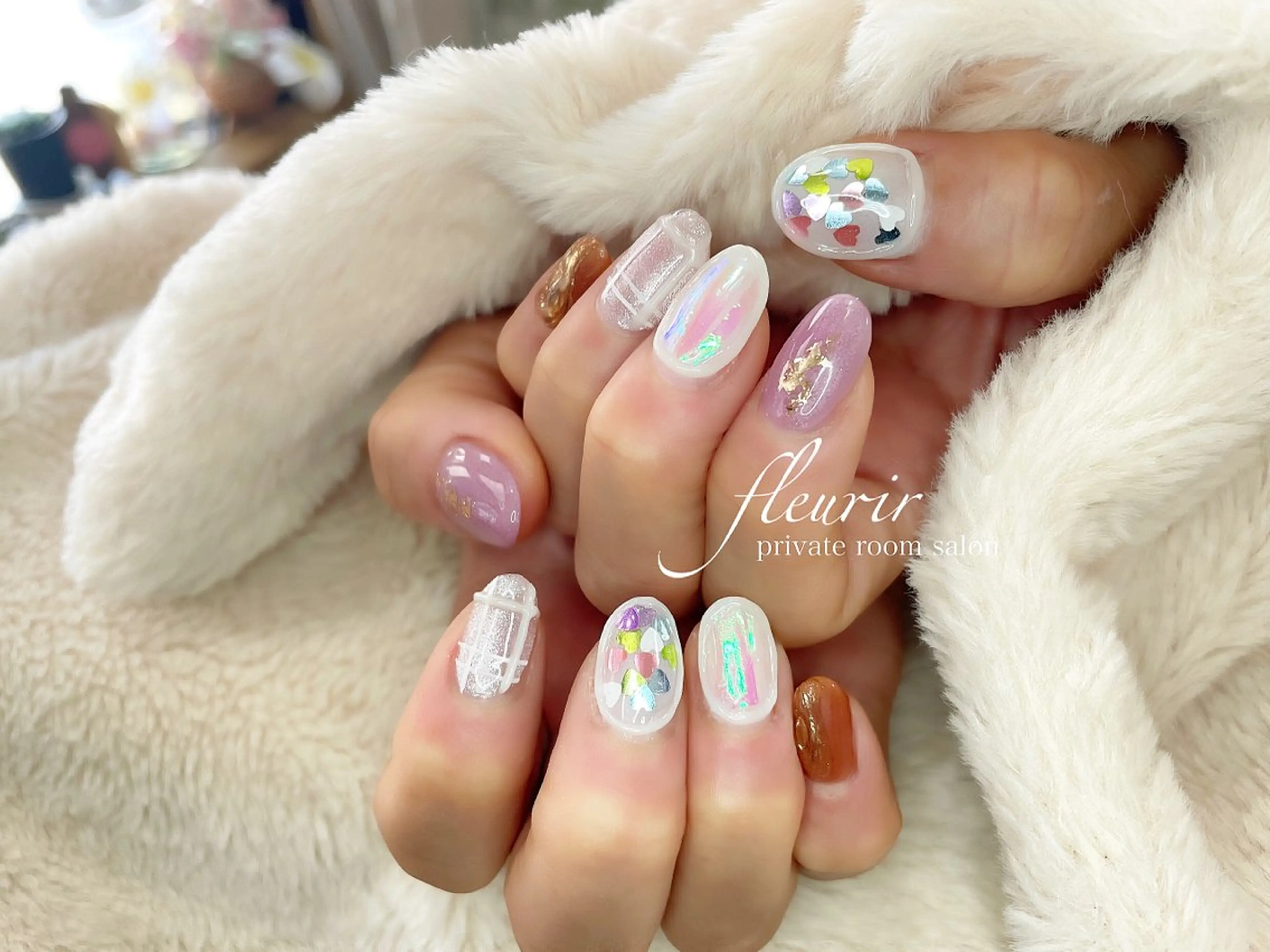 ネイル アートネイル オーロラネイル ブラウン ゴールド ミラーネイル フルリール 【プライベートサロンのネイルデザイン
