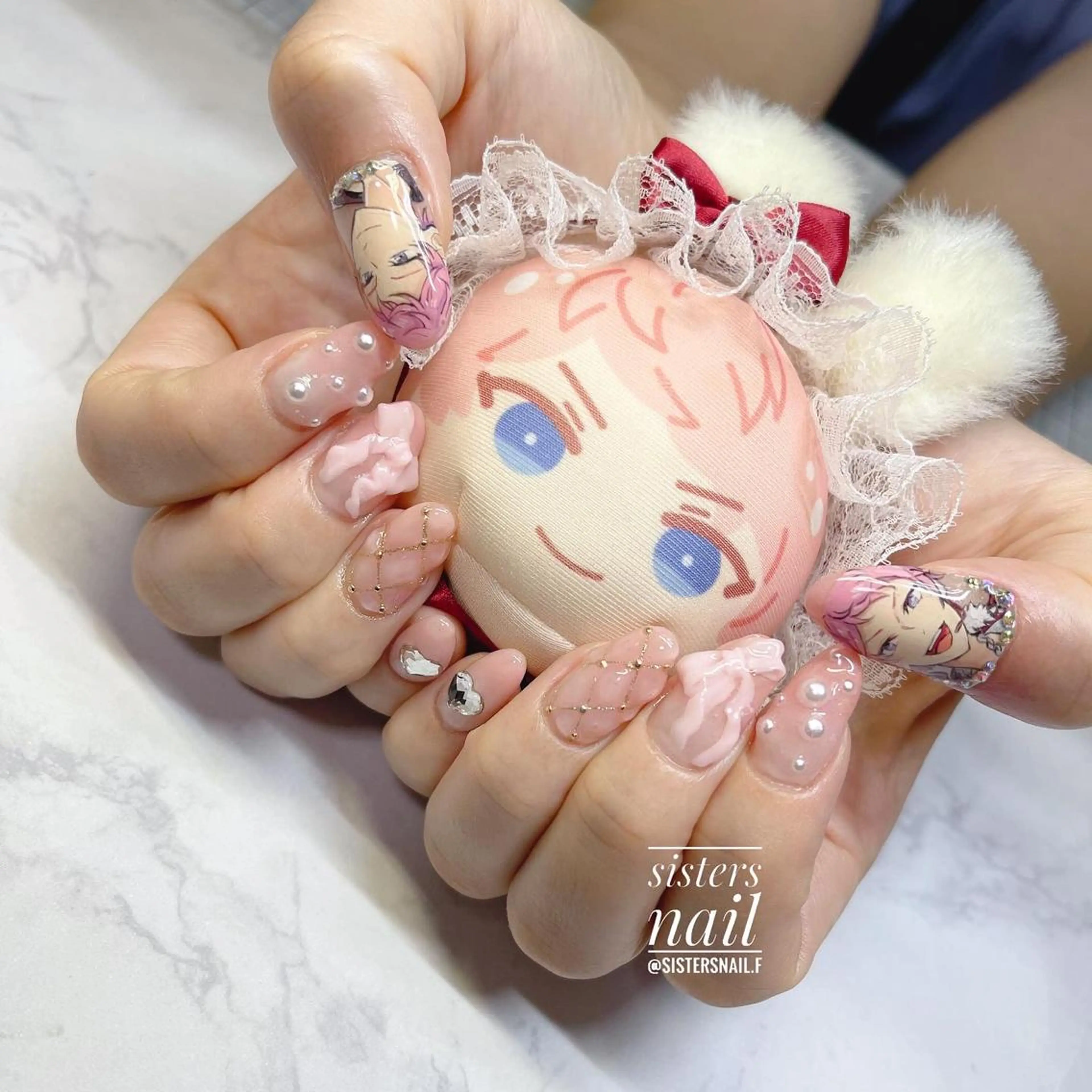ネイル アートネイル ハート ピンク リボン sisters nail.fのネイルデザイン