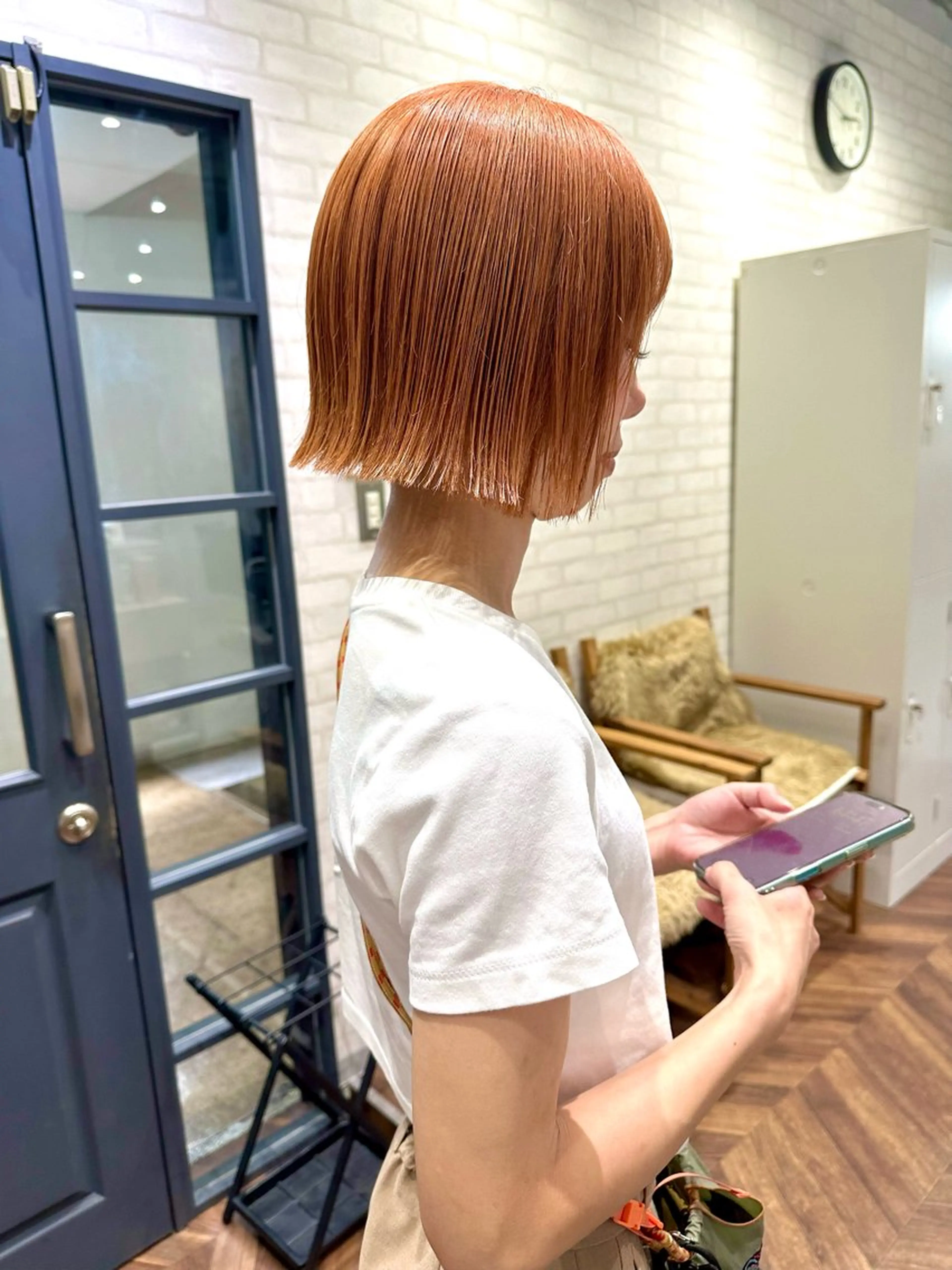 ショート カラー ベージュカラー ブリーチ オレンジ オレンジベージュ ボブ ヘアカラー トリートメント レイヤー/ボブ/ 顔周り/yukinaのヘアスタイル