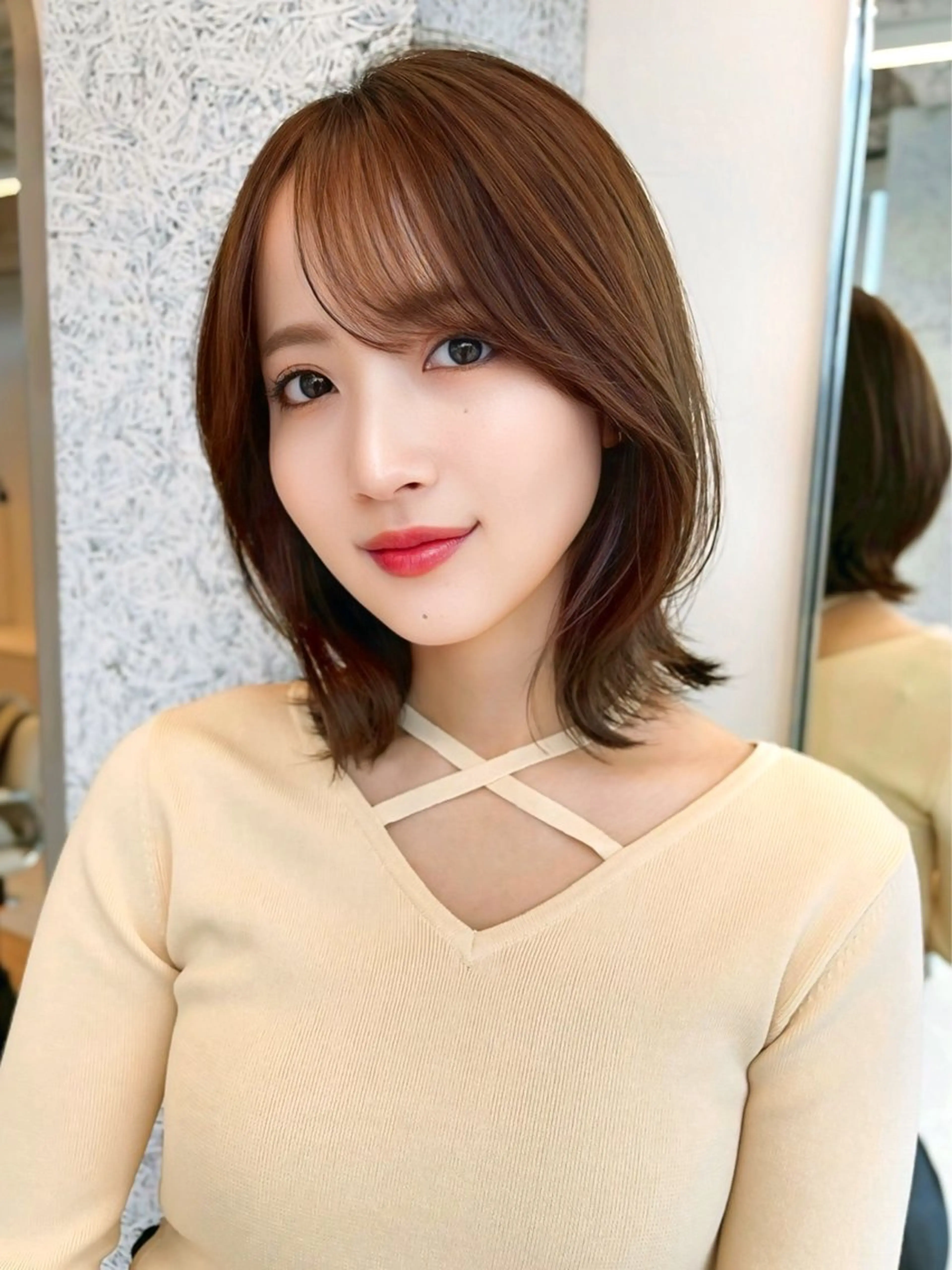 ミディアム カット ヘアカラー 結べるレイヤーボブ くびれLady表参道のヘアスタイル