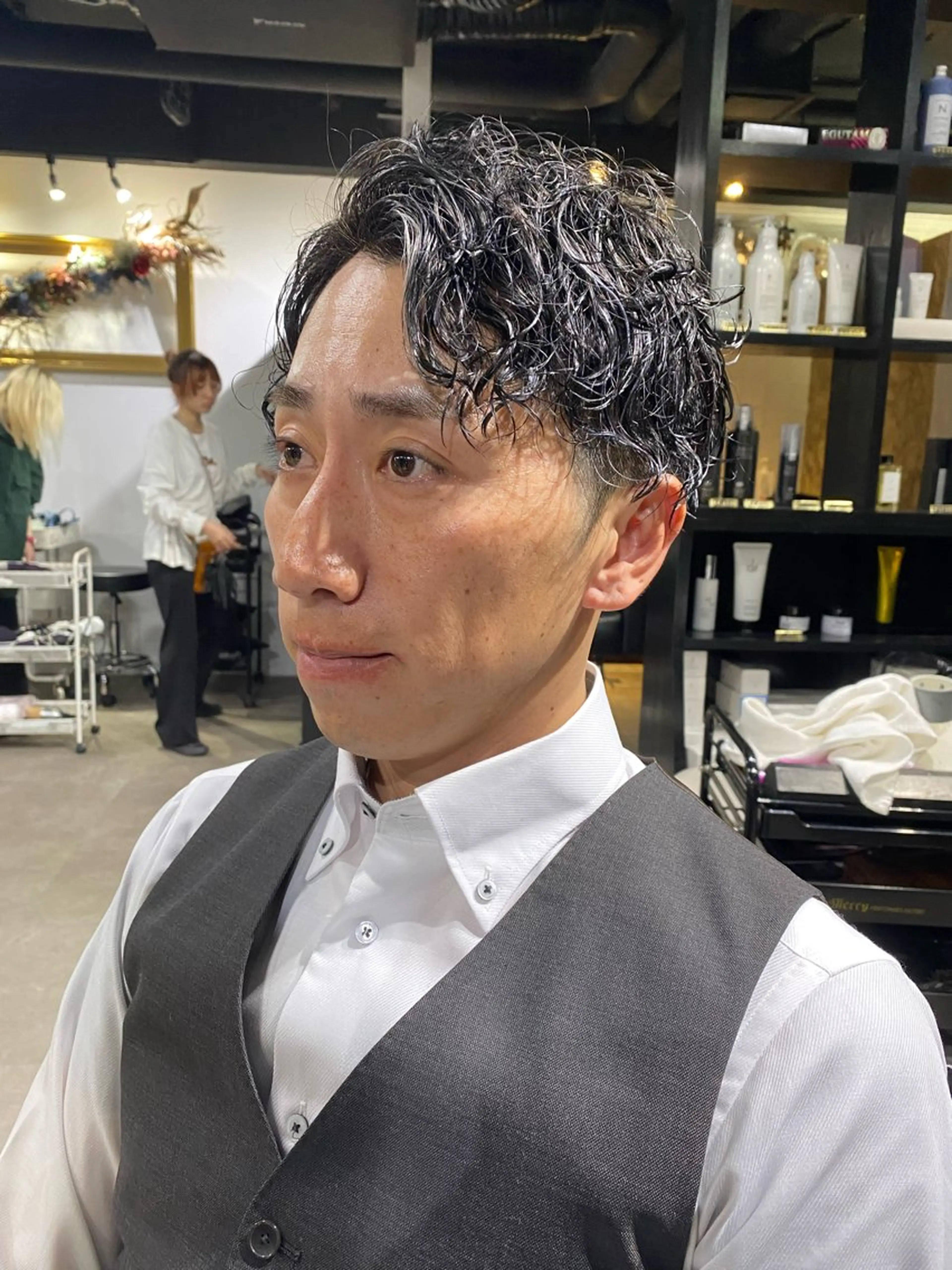 ショート カット パーマ 山影✨バレイヤージュ ハイライト✨メンズ◎のヘアスタイル
