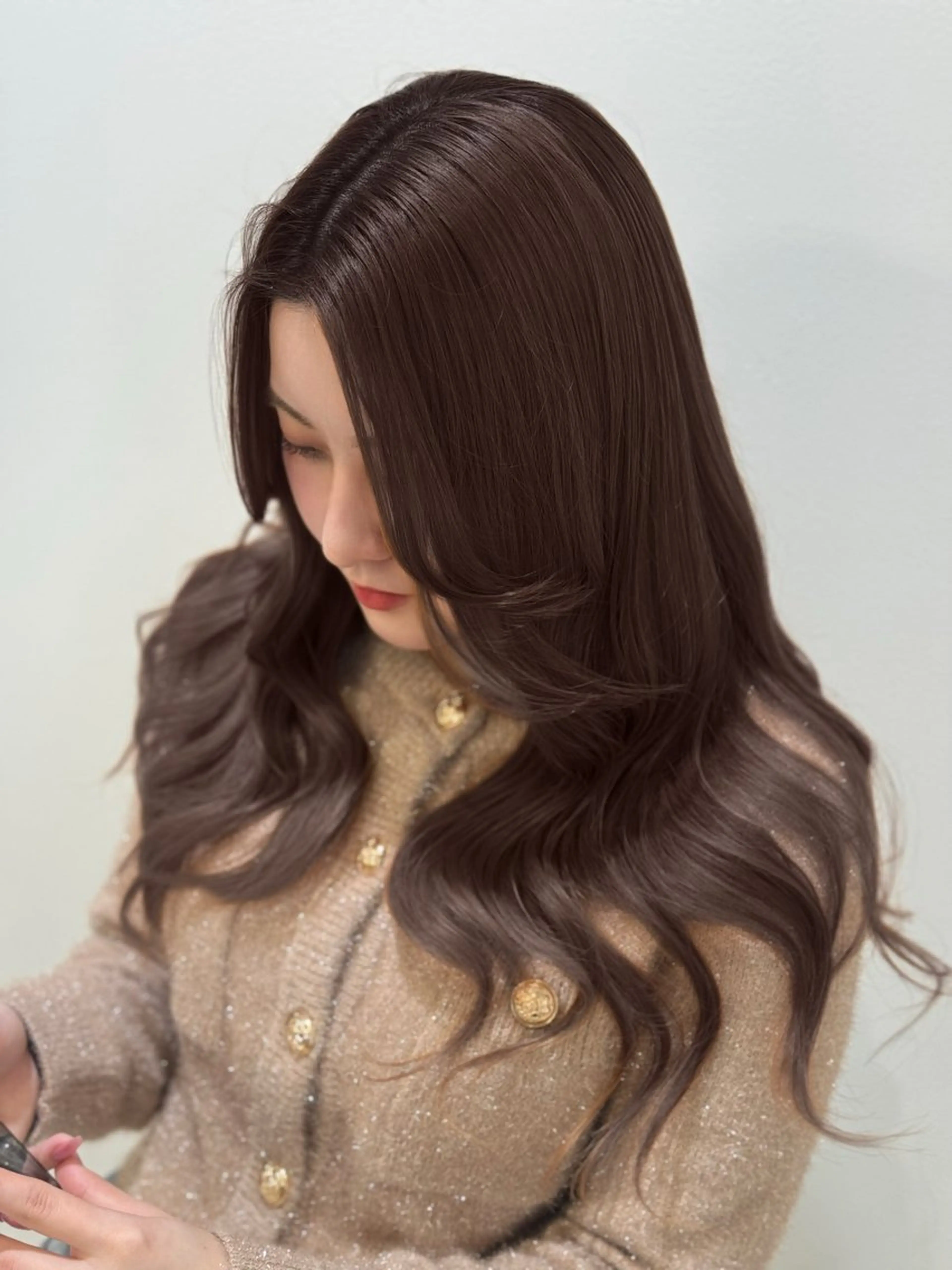 ロング カラー ブリーチ 透明感カラー 韓国風カラー ブリーチなしカラー 韓国風ヘア 小顔レイヤー/明るめ ベージュ/モモ/横浜のヘアスタイル