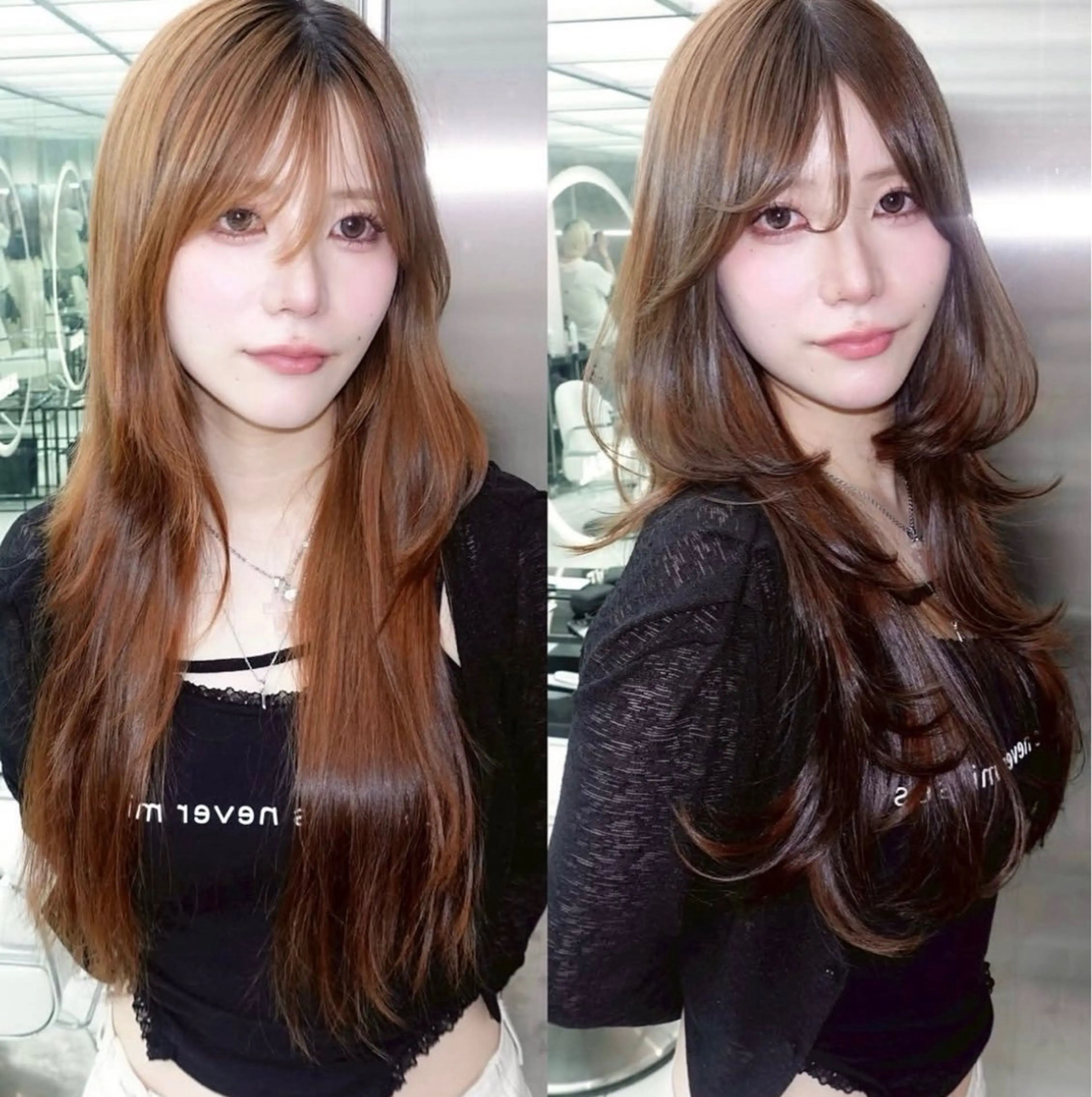 ロング くびれヘア 顔周りカット ハイレイヤー 韓国風ヘア レイヤーカット ヘアカラー トリートメント がわ/ハイレイヤー /ハイトーンカラーのヘアスタイル