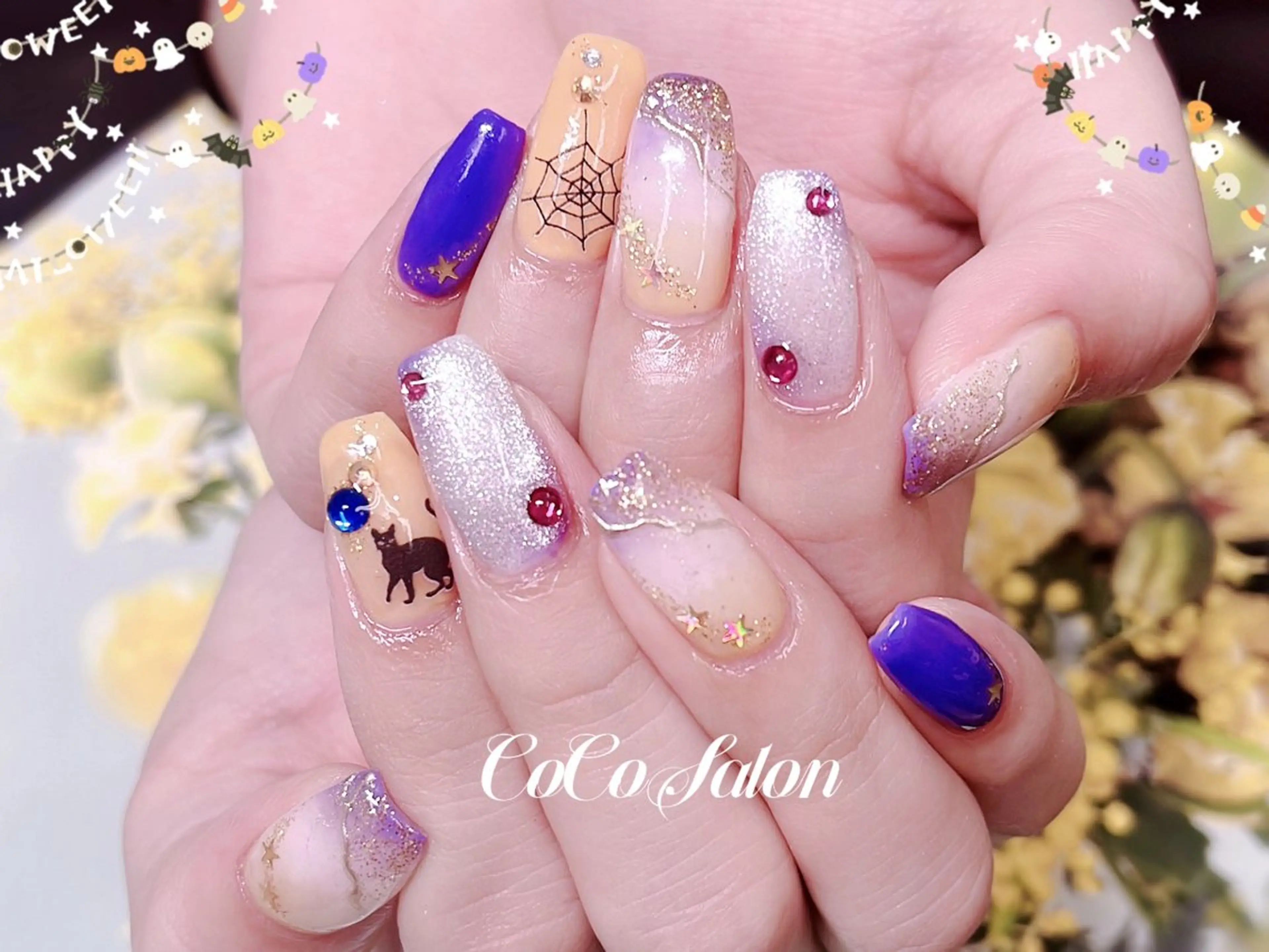 ネイル ジェルネイル ハロウィン キラキラネイル ラメ(グリッター) マグネットネイル CoCoSalon ネイル/まつ毛予約のネイルデザイン