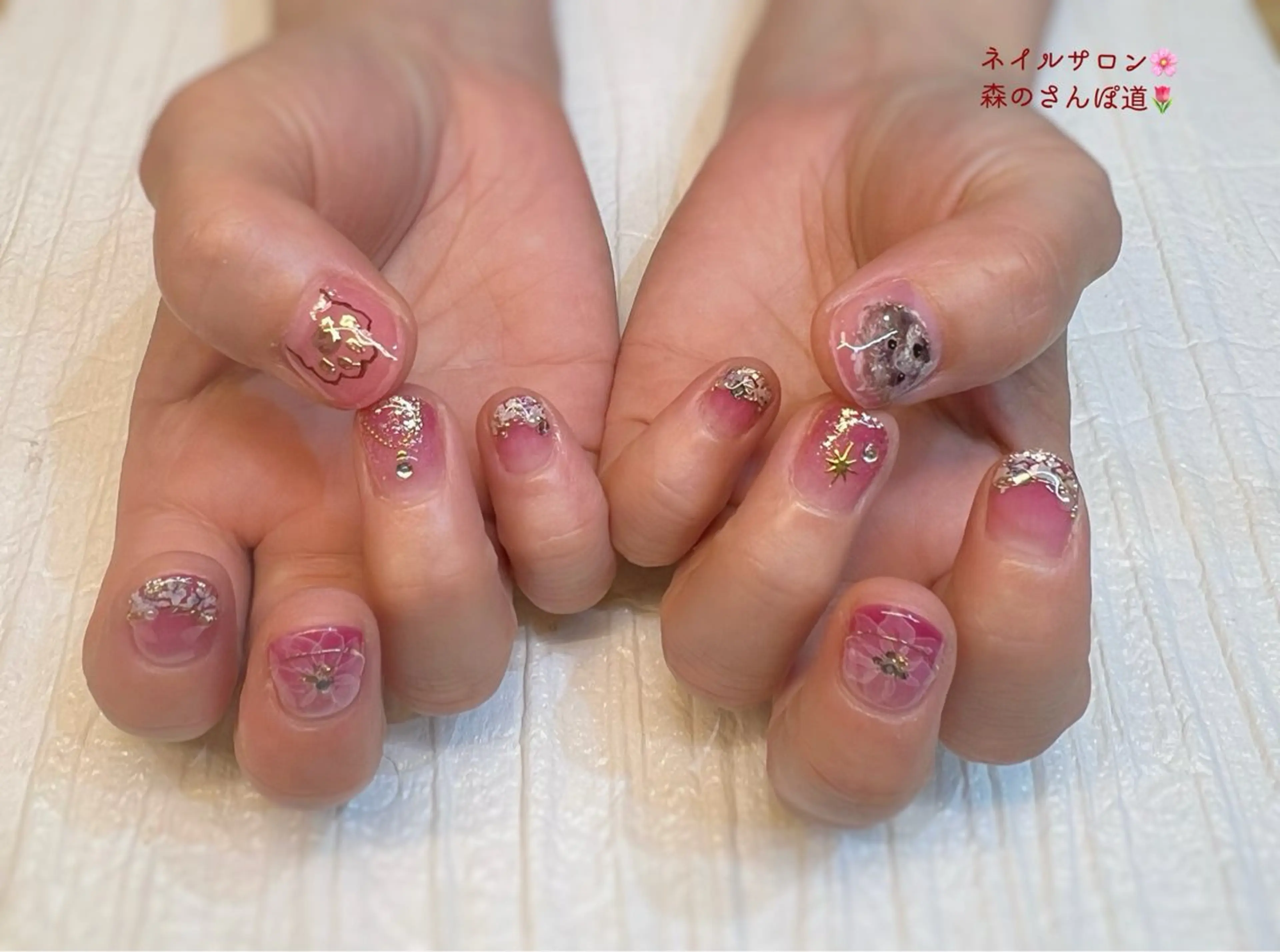 ネイル ハンドネイル ショートネイル 森のさんぽ道のネイルデザイン