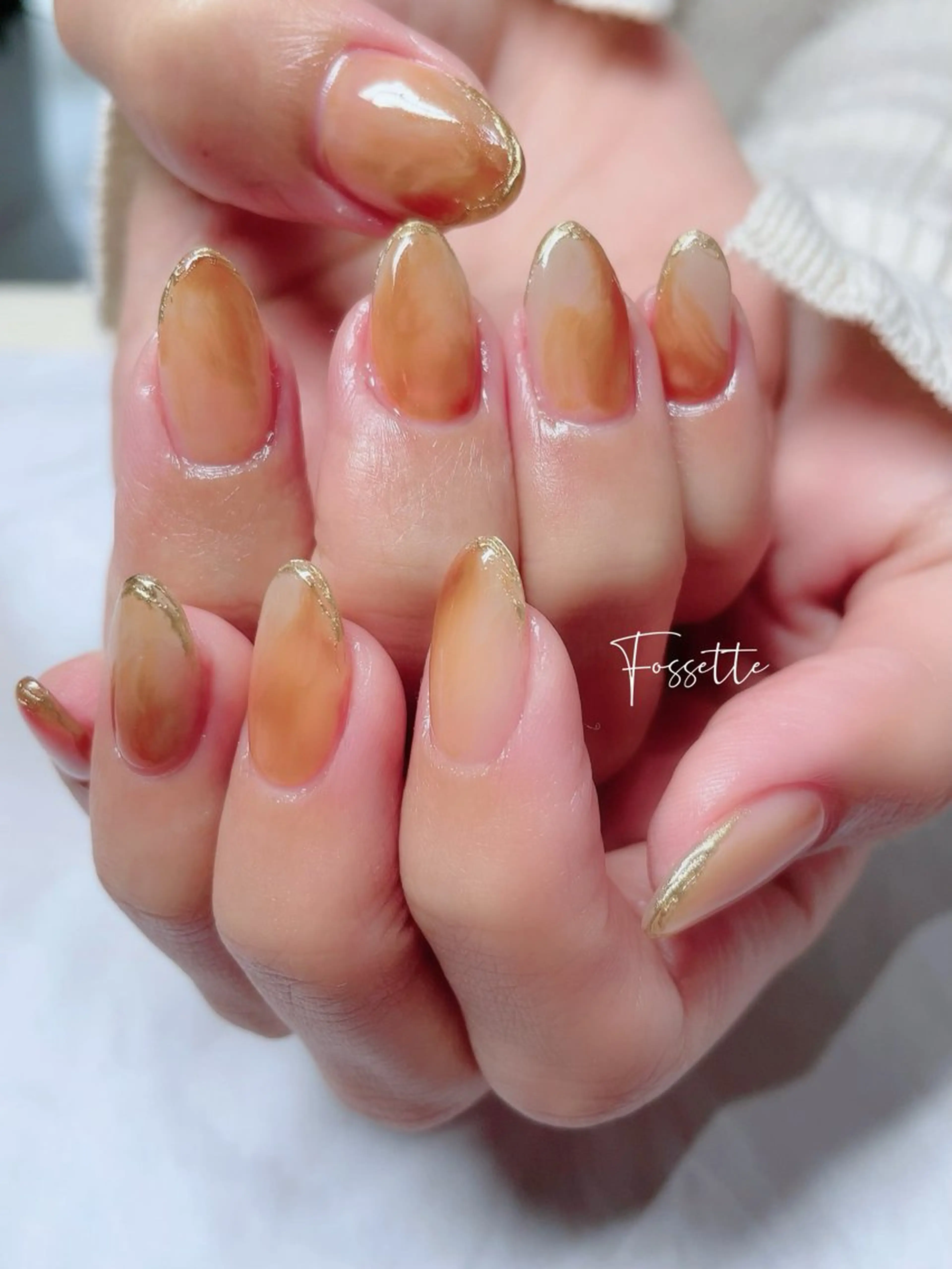 ネイル ブラウン ミラーネイル ニュアンスネイル オレンジ ハンドネイル nailsalon Fossetteのネイルデザイン