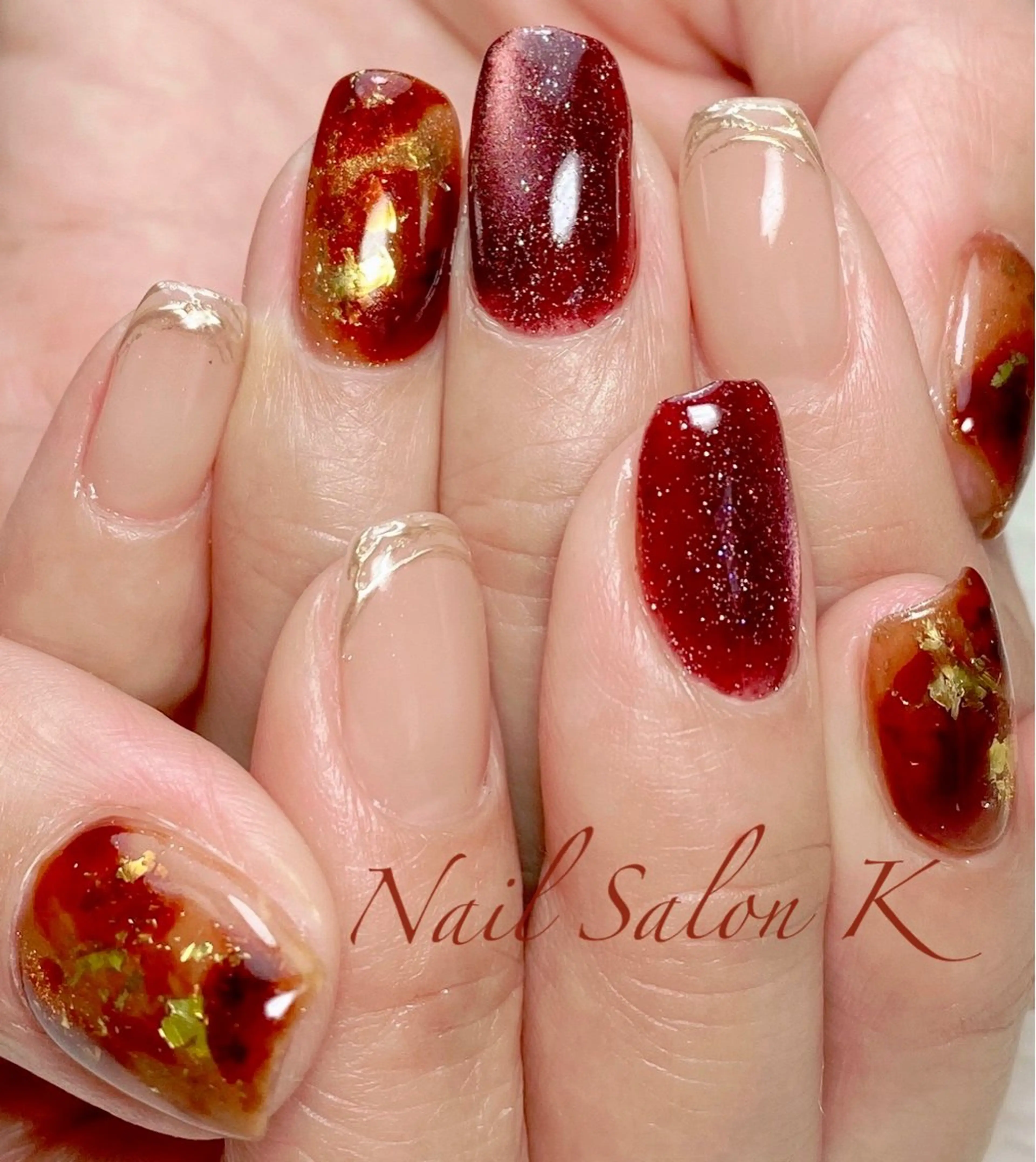 ネイル べっ甲ネイル ボルドー フレンチネイル ミラーネイル ハンドネイル Nail Salon K 🧸美爪育成のネイルデザイン