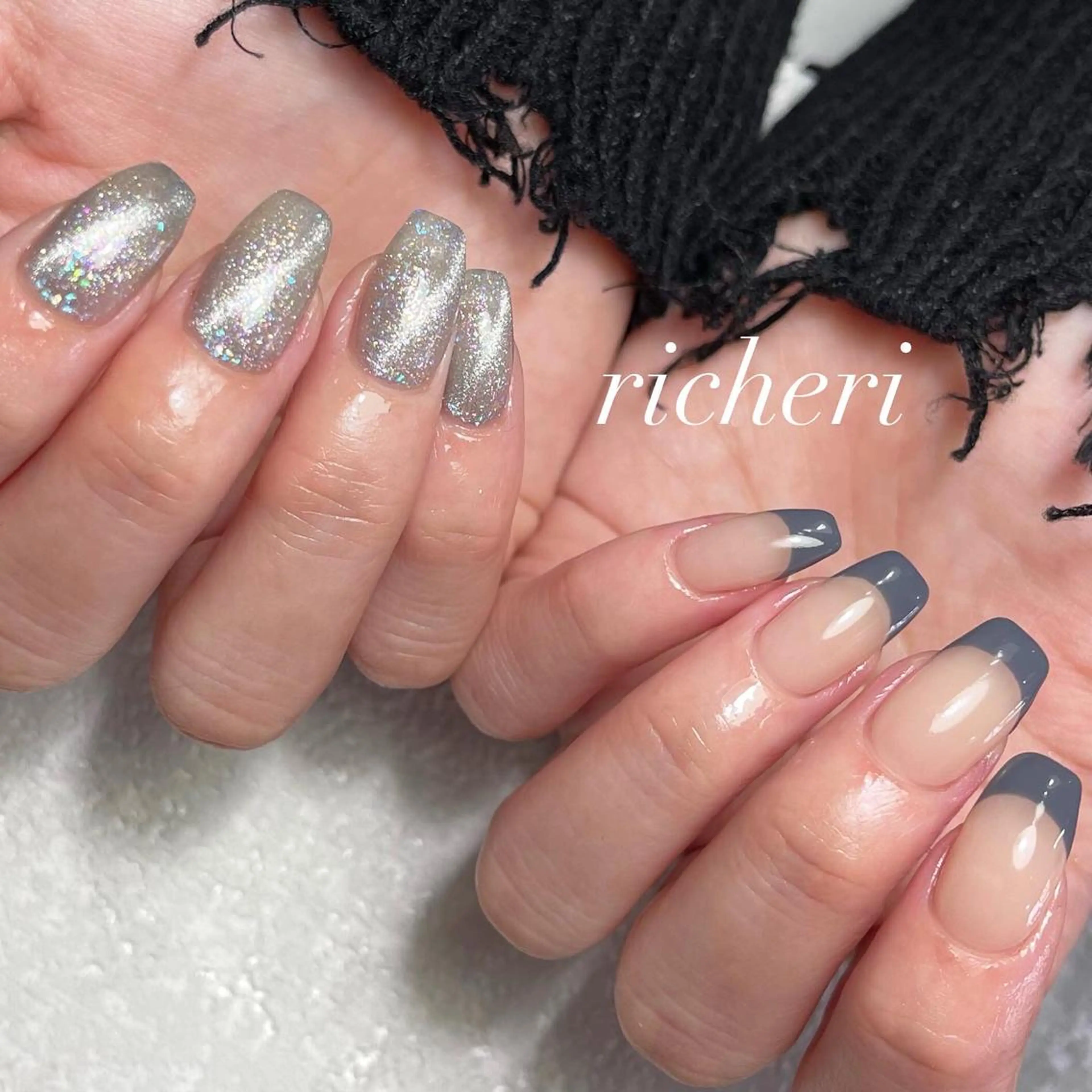 ミディアム ネイル 韓国風ヘア アートネイル オーロラネイル ブルー フラッシュネイル ハンドネイル richeri beautyのエステ・リラクイメージ