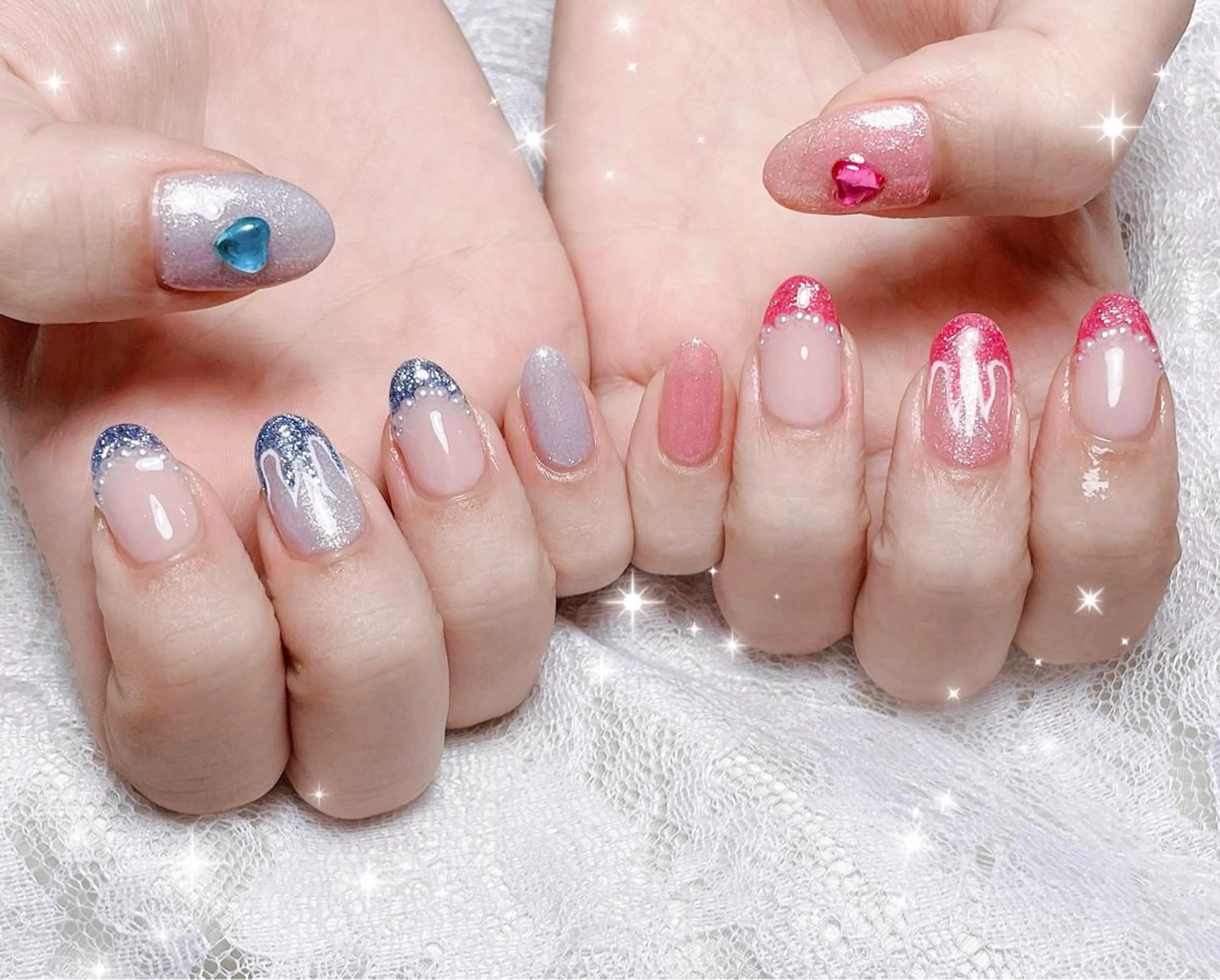 ネイル 水色 ピンク ハンドネイル FLARE NAIL フレアネイルのネイルデザイン