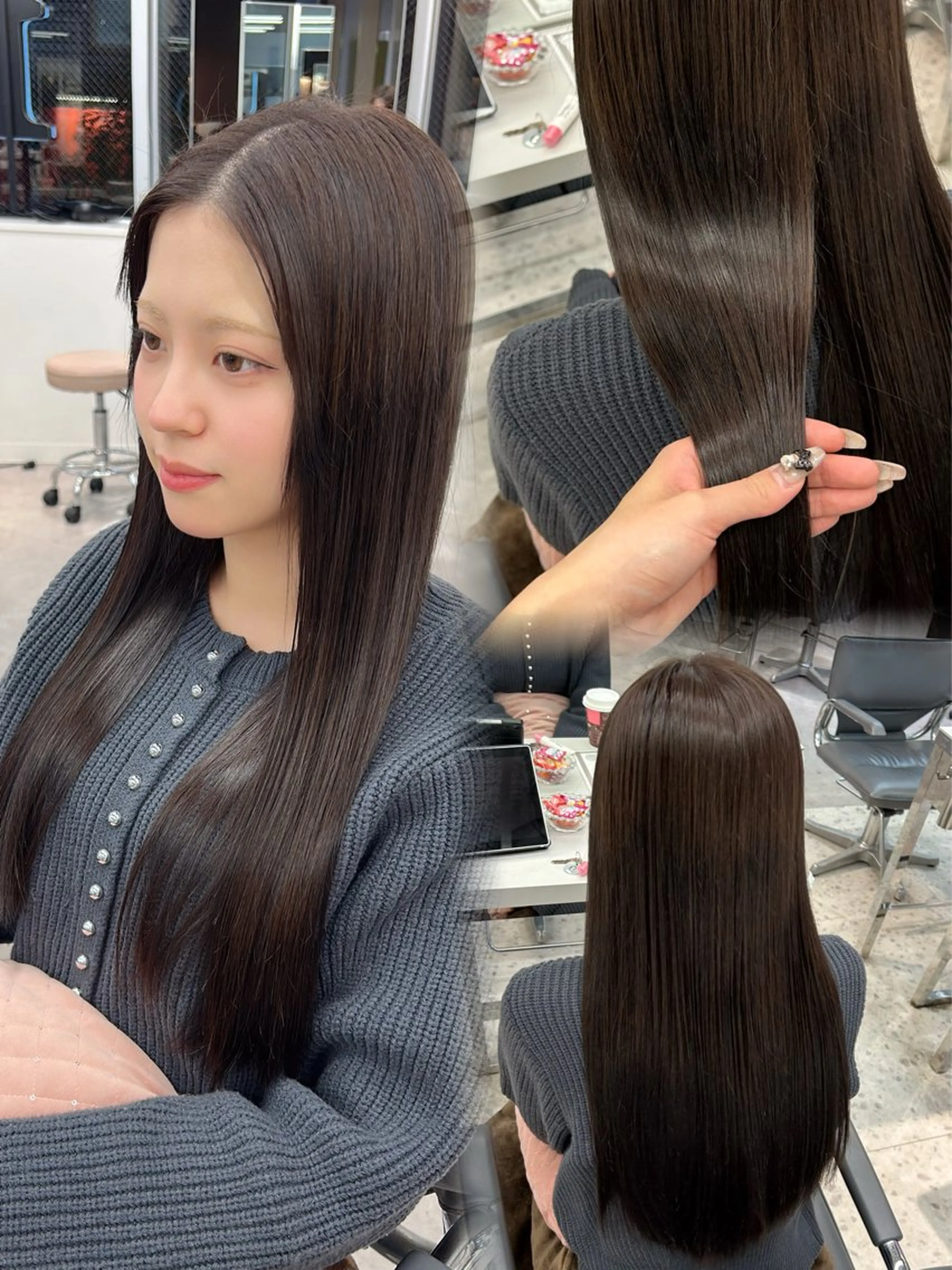 ロング カラー パーマ グレージュ 髪質改善 縮毛矯正 トリートメント 🤍YUKI 韓国 艶髪 🤍のヘアスタイル