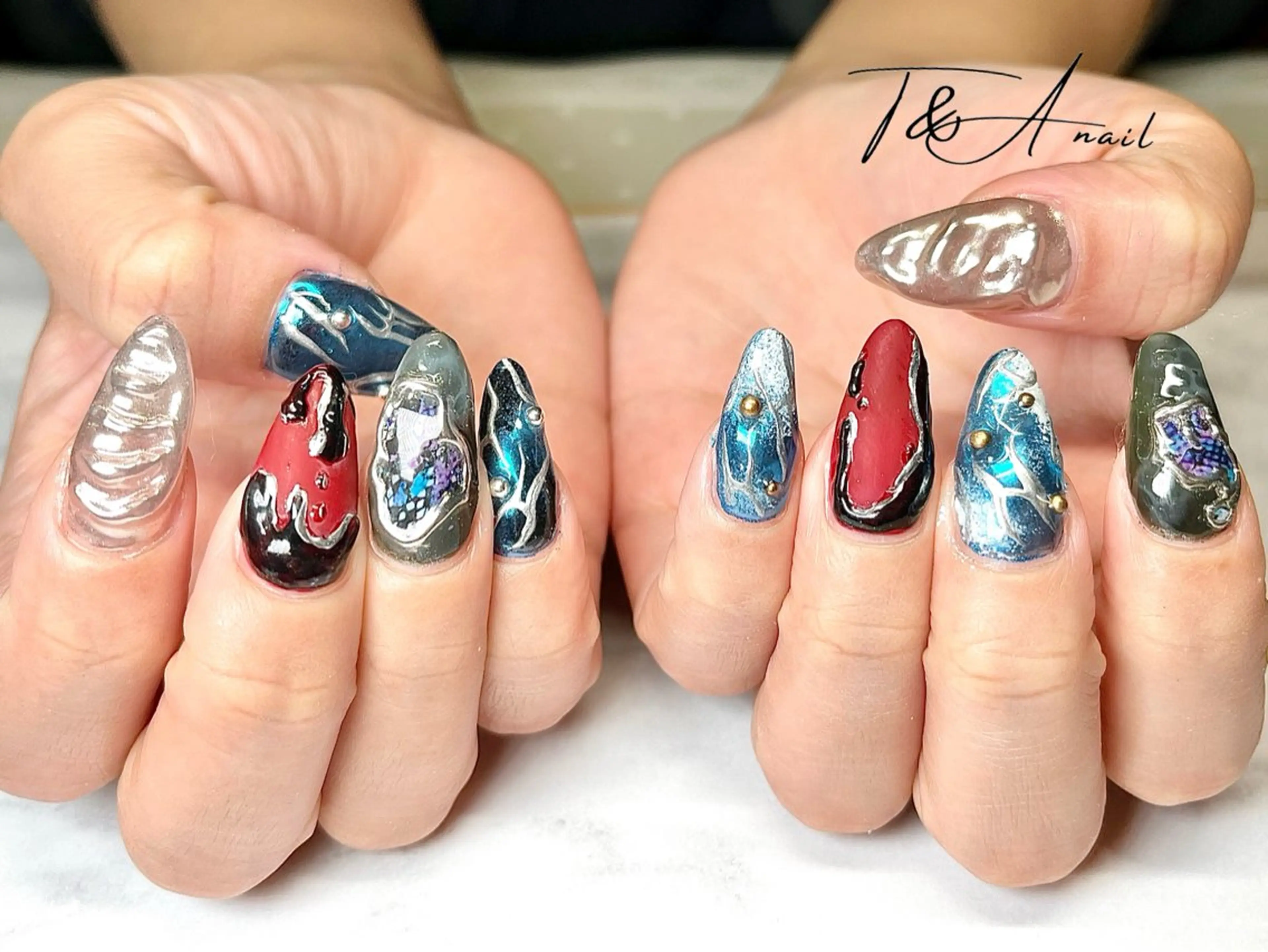 ネイル ブルー 長さ出し ジェルネイル ロングネイル ミラーネイル ハンドネイル T&A nailのネイルデザイン