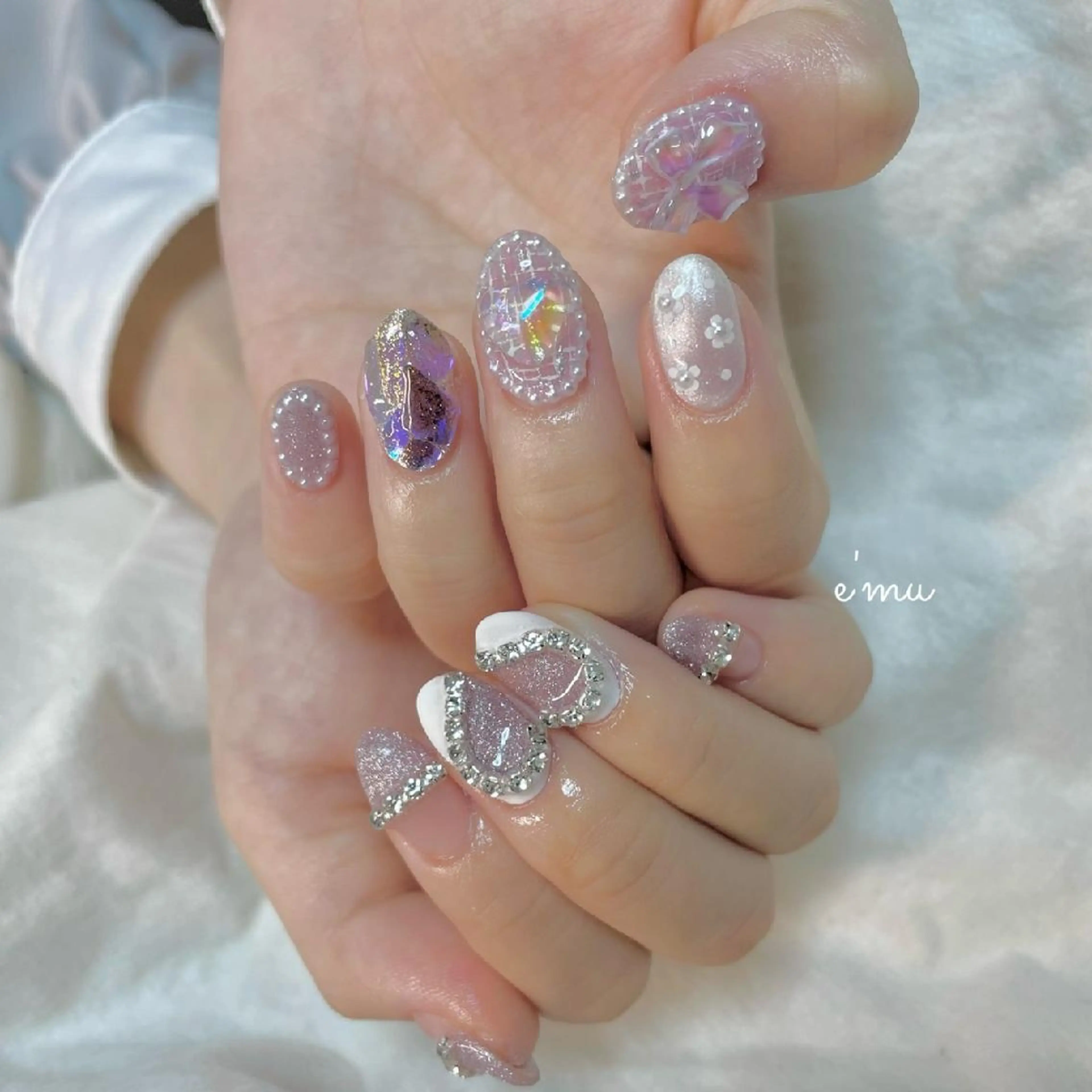ネイル ガーリー ハート 韓国ネイル パープル 春ネイル nail salon e'mu💐のネイルデザイン