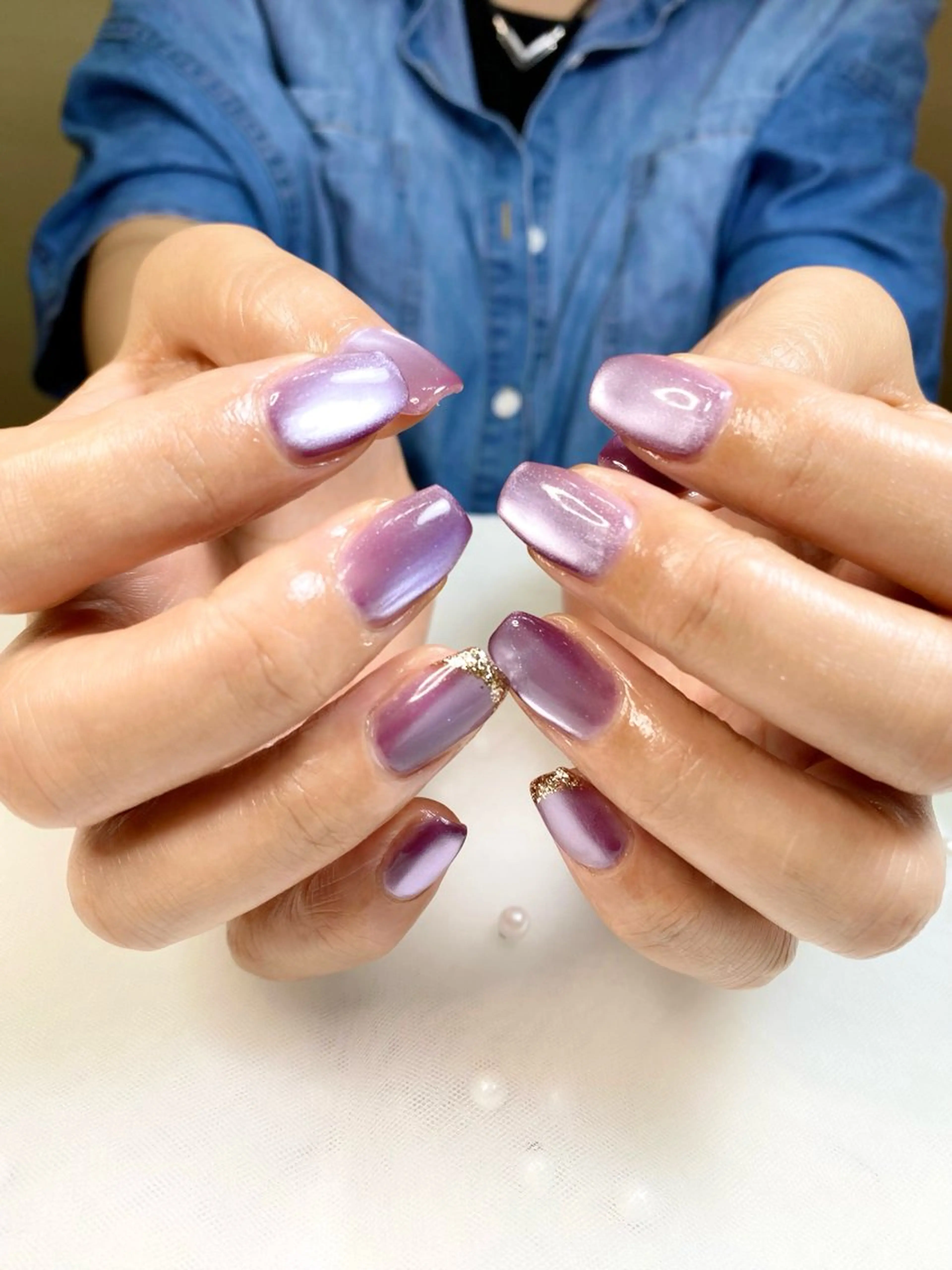 ネイル フレンチネイル ラメ(グリッター) マグネットネイル パープル ハンドネイル iro+ nailのネイルデザイン