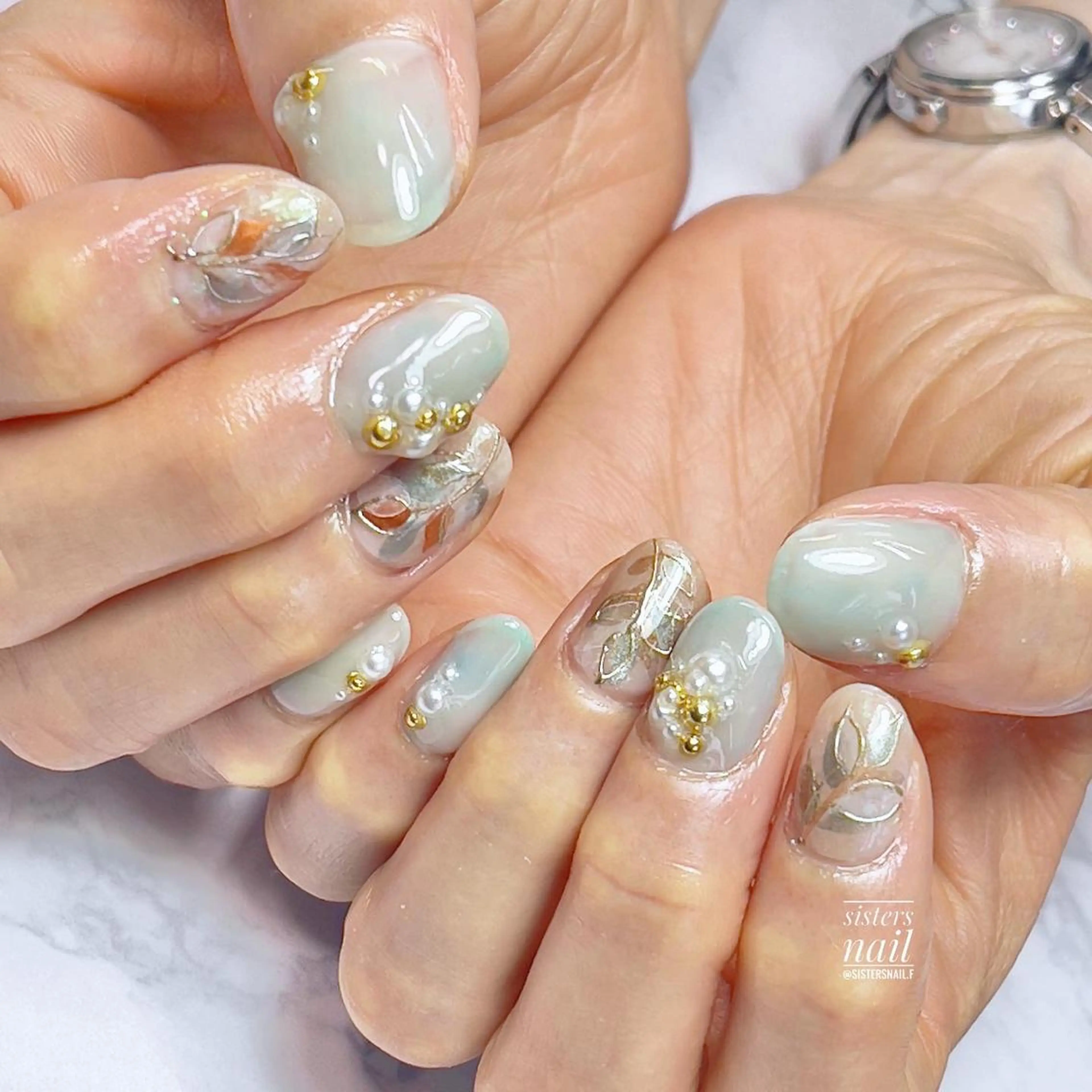ネイル アートネイル グリーン オフィスネイル 夏ネイル sisters nail.fのネイルデザイン