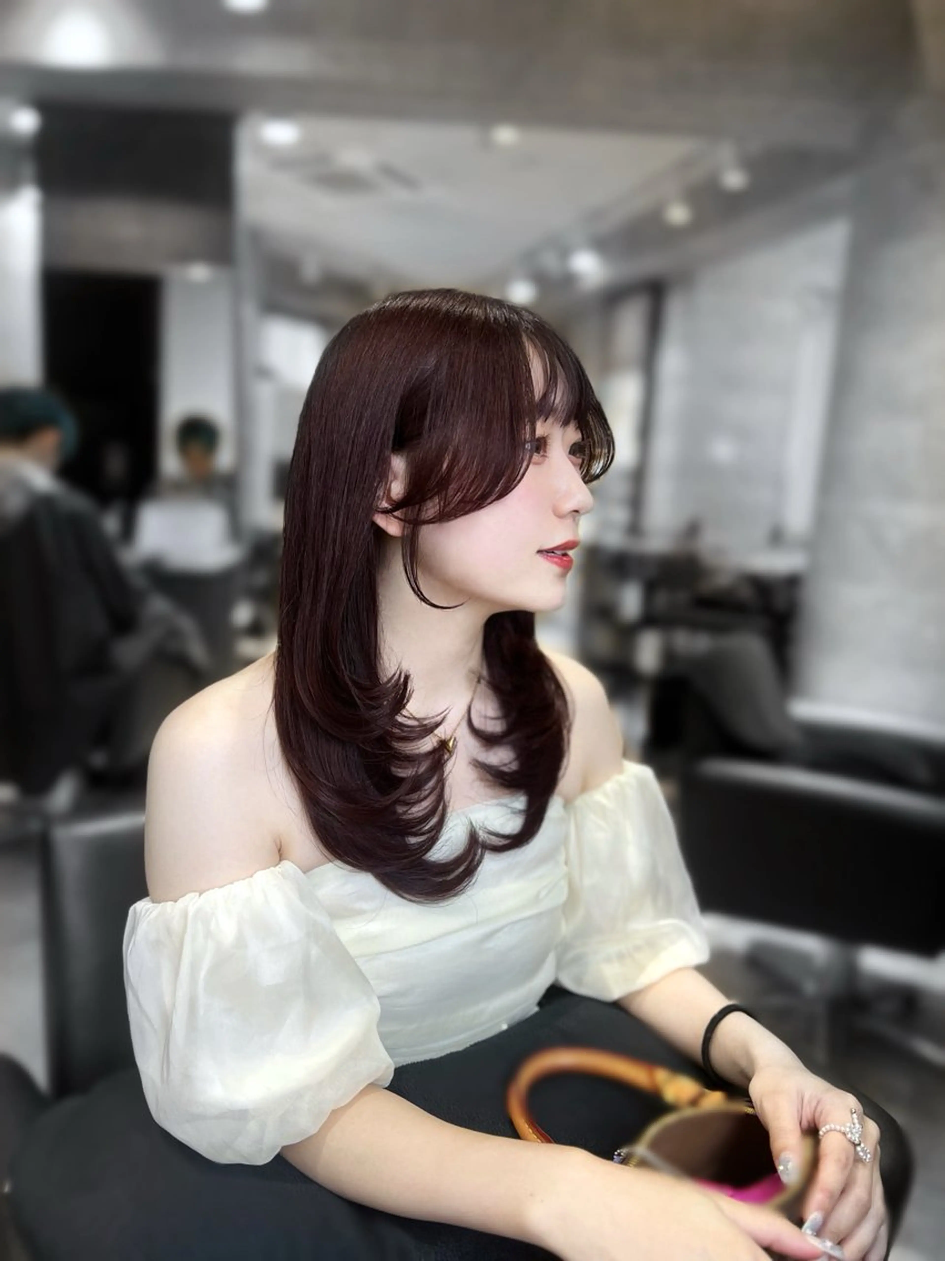 セミロング カラー パーマ ヘアアレンジ ブラウンカラー パープルカラー パープルブラウン 韓国風ヘア レイヤーカット 🏅韓国ヘア/新宿/ レイヤー/KSukeのヘアスタイル