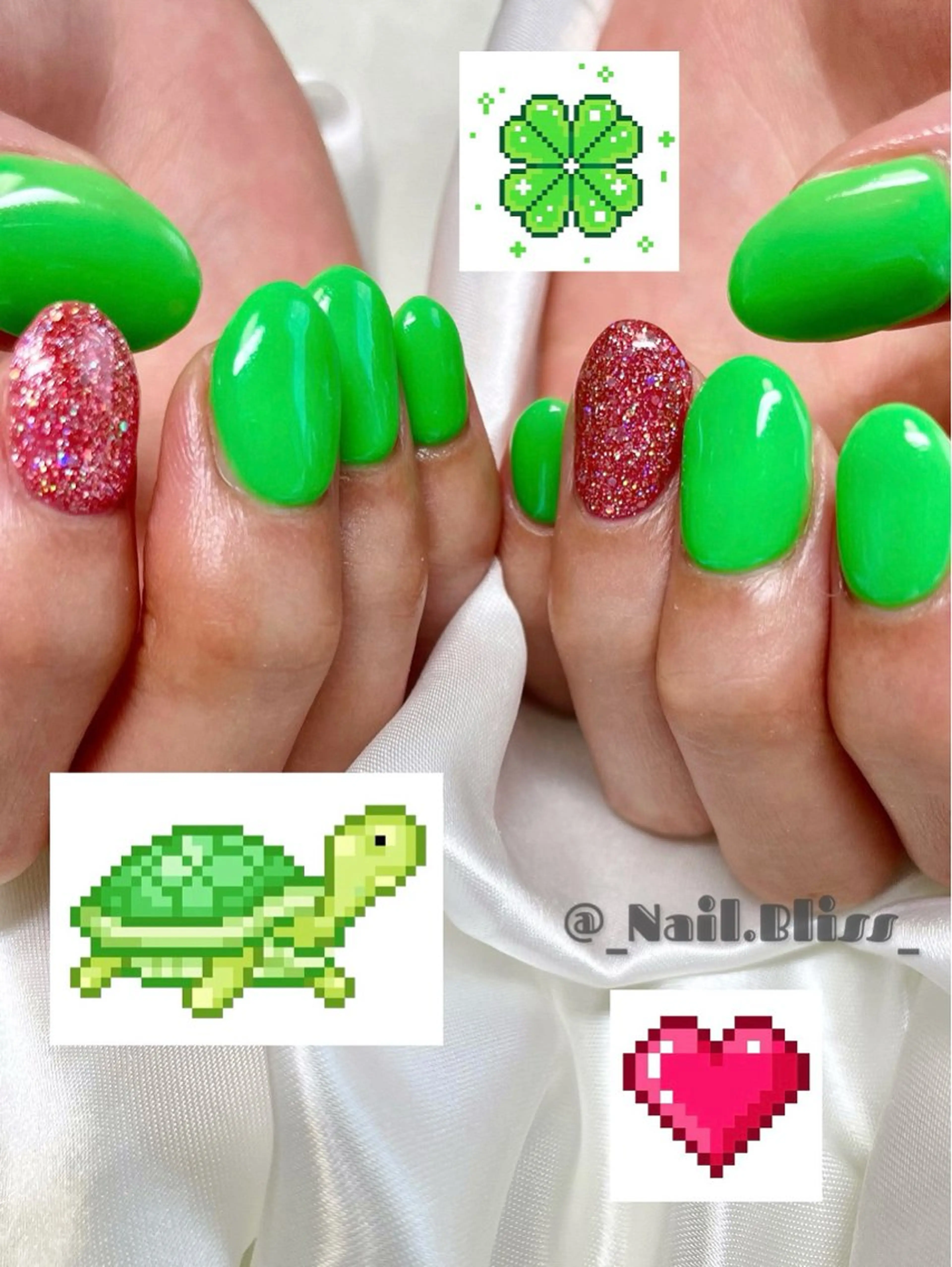 ネイル グリーン ラメ(グリッター) ピンク ハンドネイル NAIL BLISSのネイルデザイン