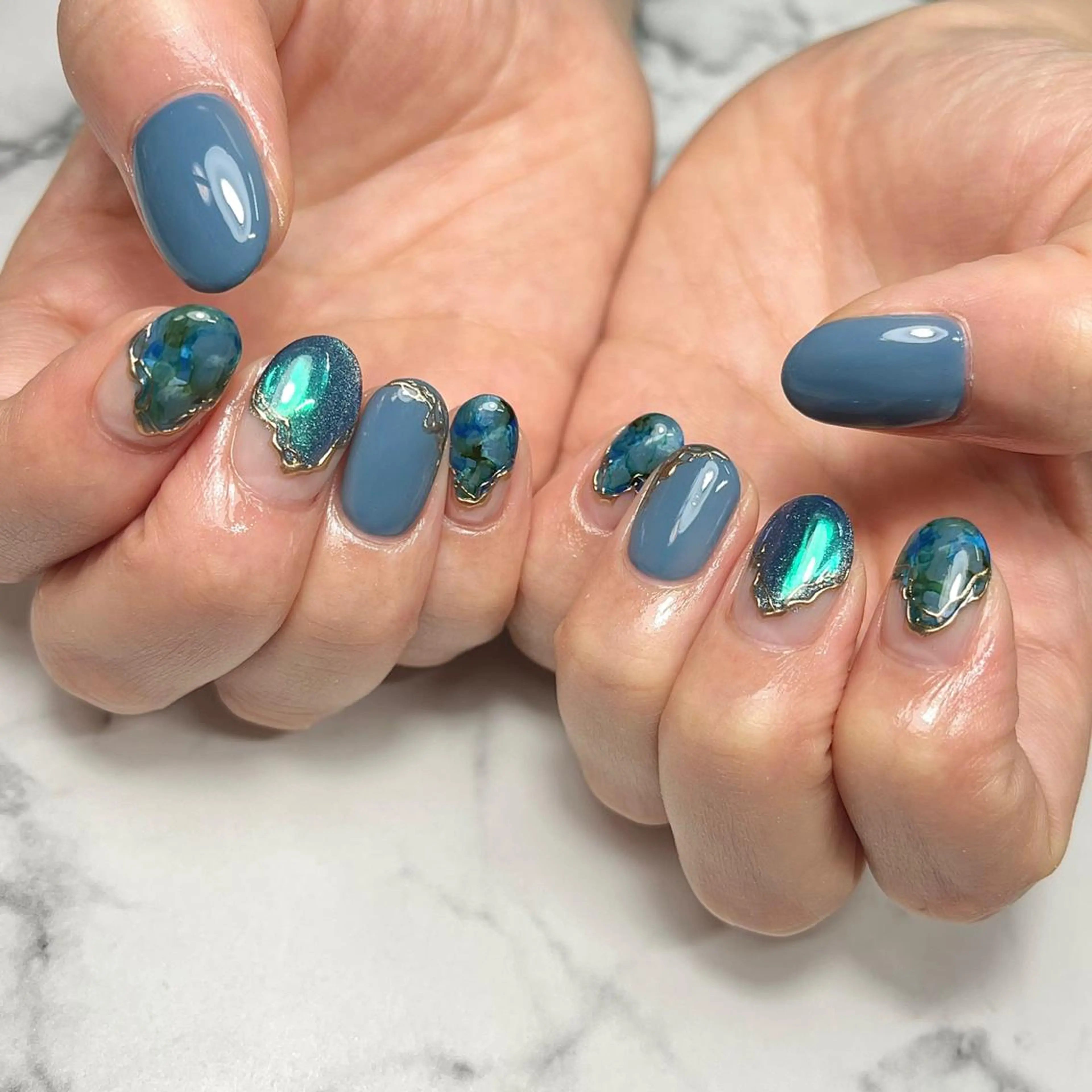 ネイル アートネイル オーロラネイル ブルー ジェルネイル 氷ネイル・うるうるネイル ハンドネイル NAIL NOWのネイルデザイン