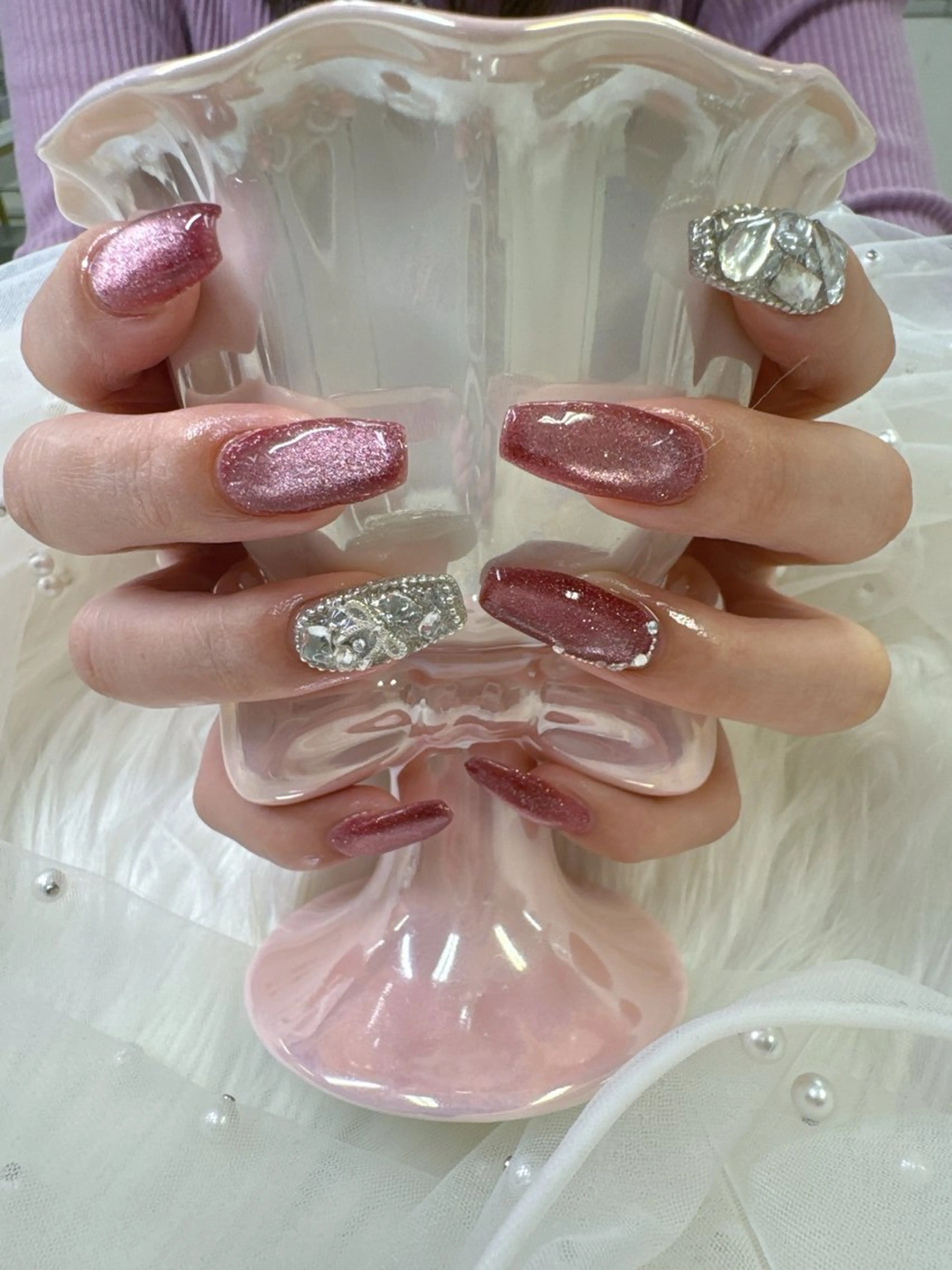 ネイル フレンチネイル ジェルネイル ガラスフレンチ キラキラネイル マグネットネイル ハンドネイル Queeens nailのネイルデザイン