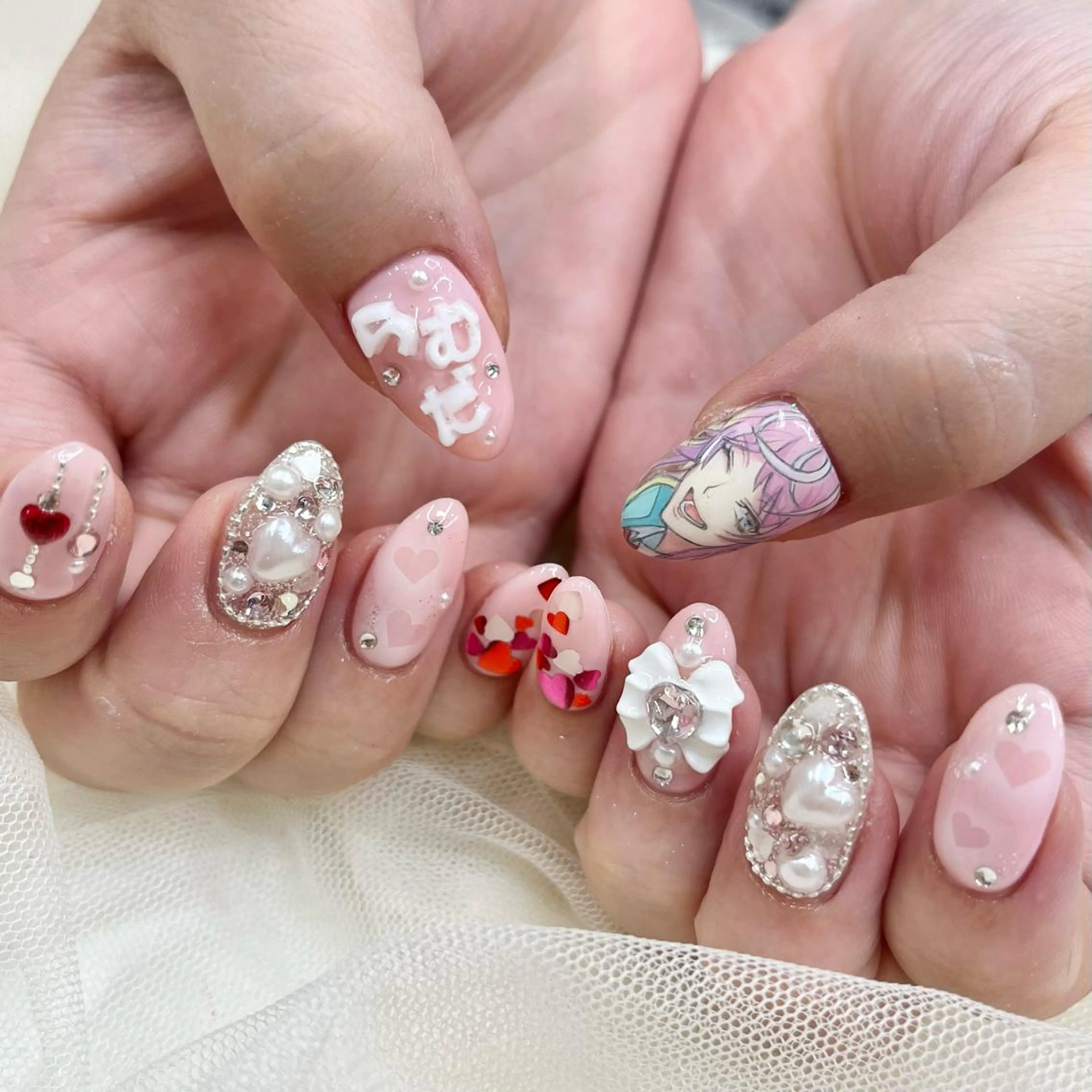 ミディアム ネイル リボン ハンドネイル 池袋痛ネイル Nok. 渡辺のネイルデザイン