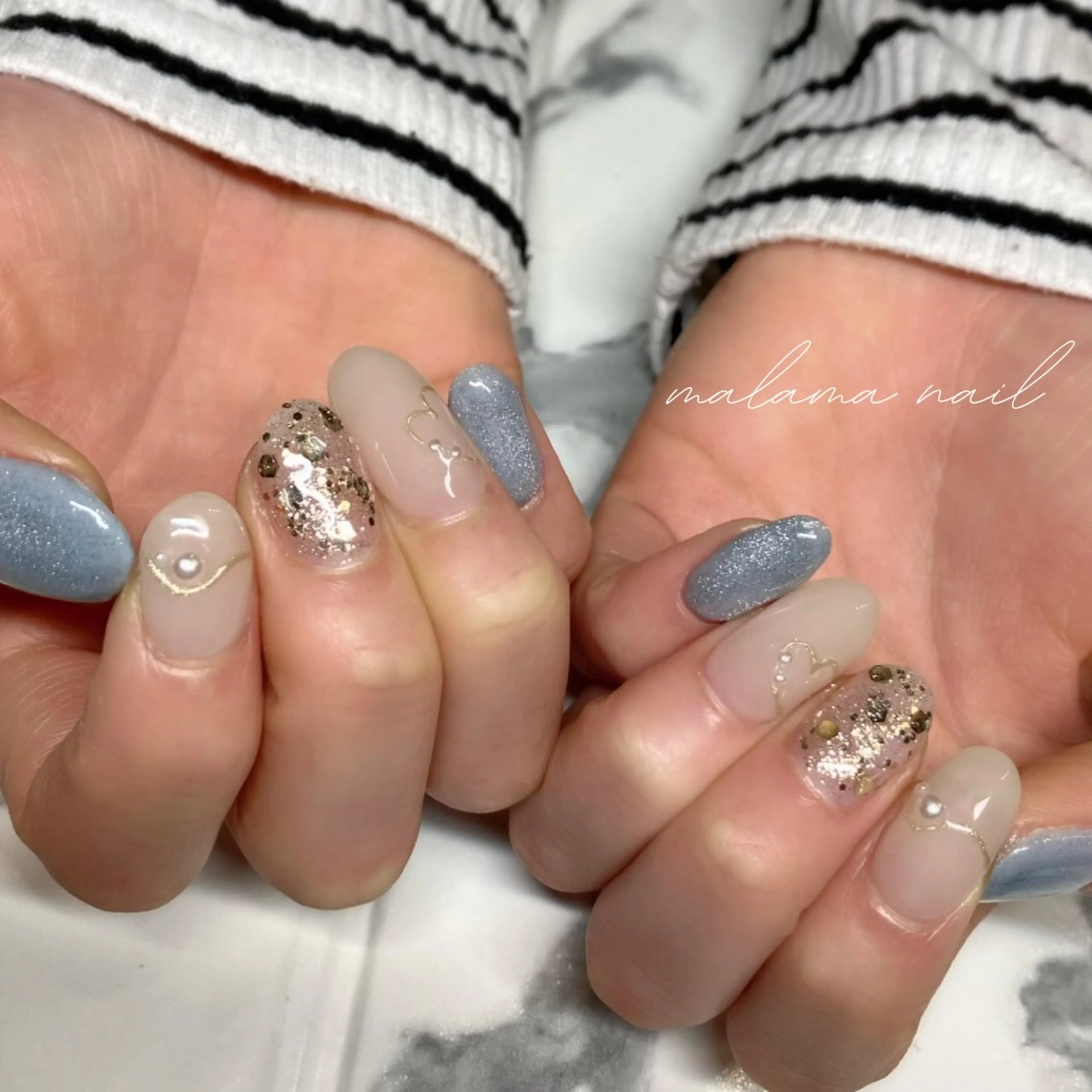 ネイル ブルー ハート マグネットネイル ミラーネイル MALAMA NAILのネイルデザイン