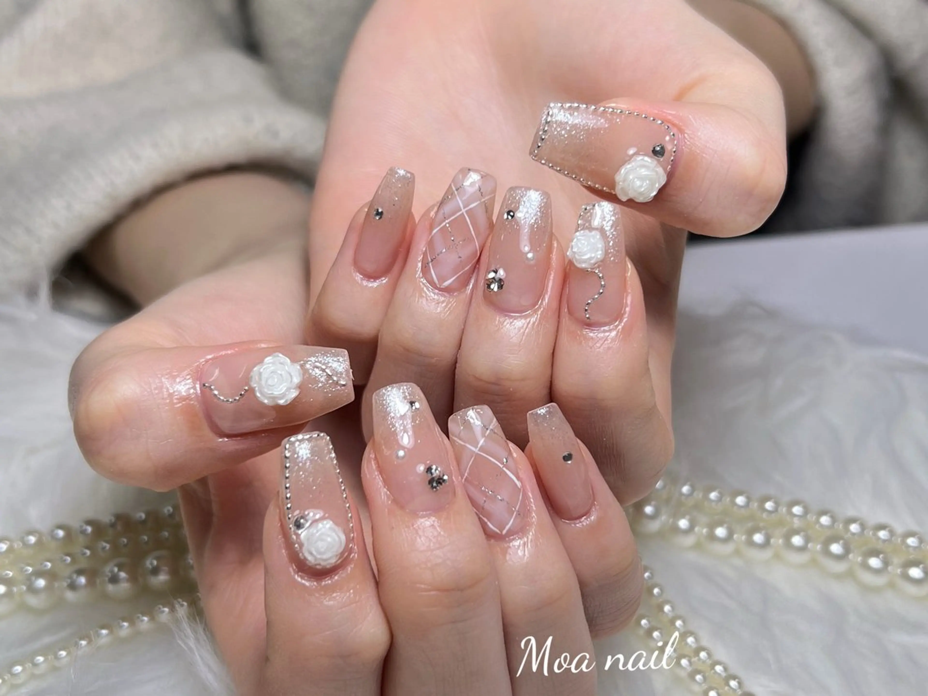 ネイル 長さ出し フレンチネイル ガラスフレンチ ハート キラキラネイル ハンドネイル Moa nailのネイルデザイン