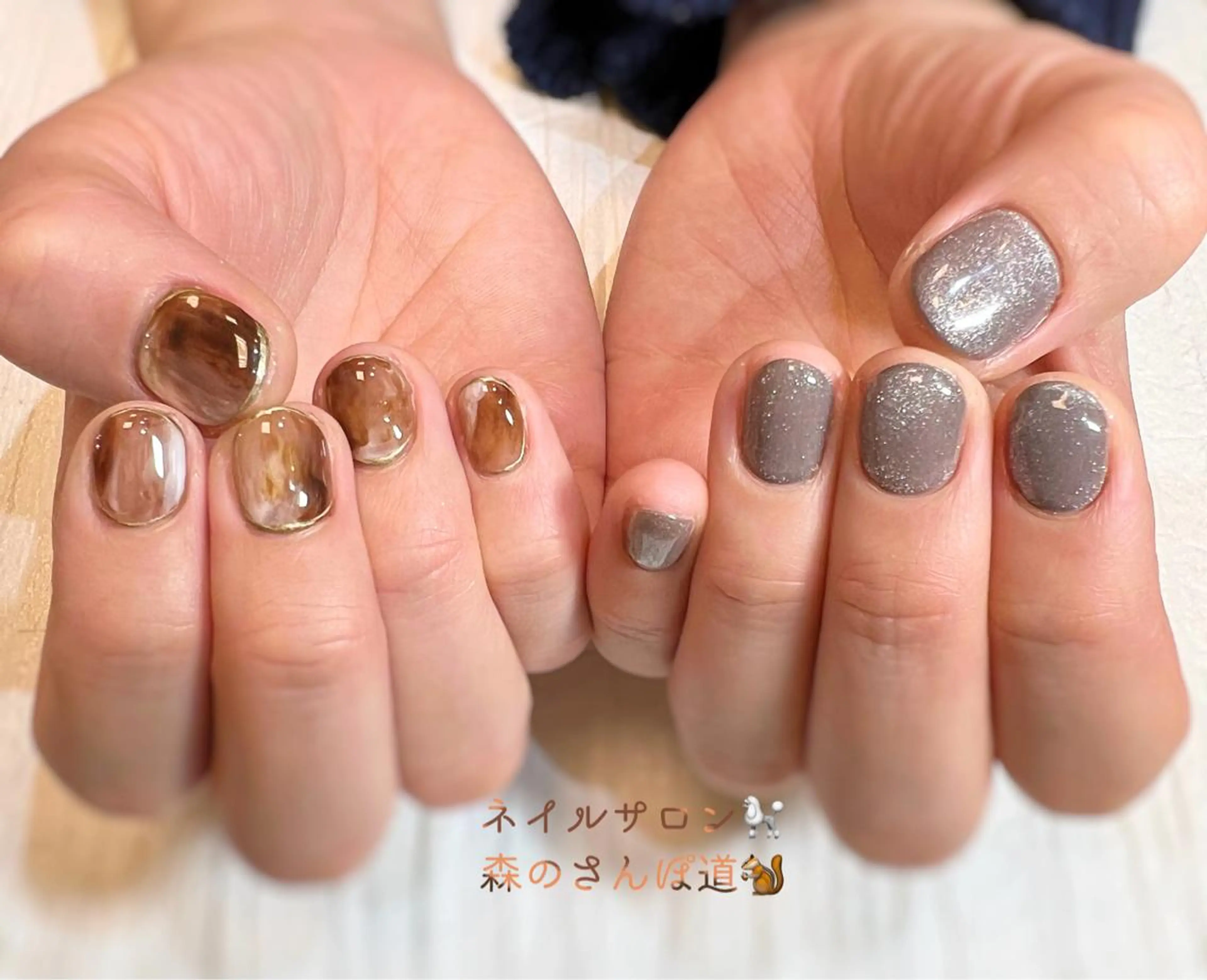 ネイル ハンドネイル ショートネイル 森のさんぽ道のネイルデザイン