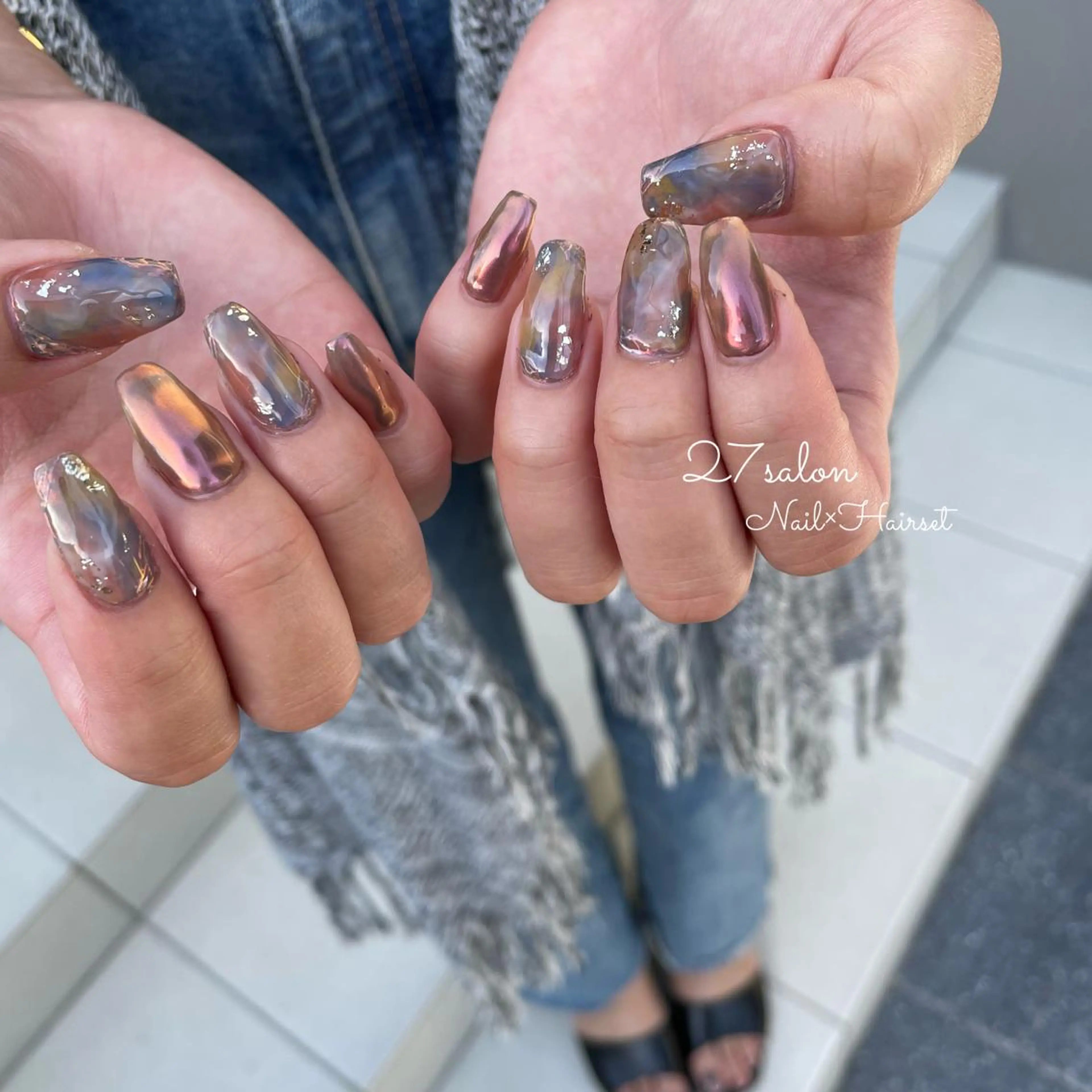 ネイル ブラウン ミラーネイル ニュアンスネイル 27salon yuinaのネイルデザイン