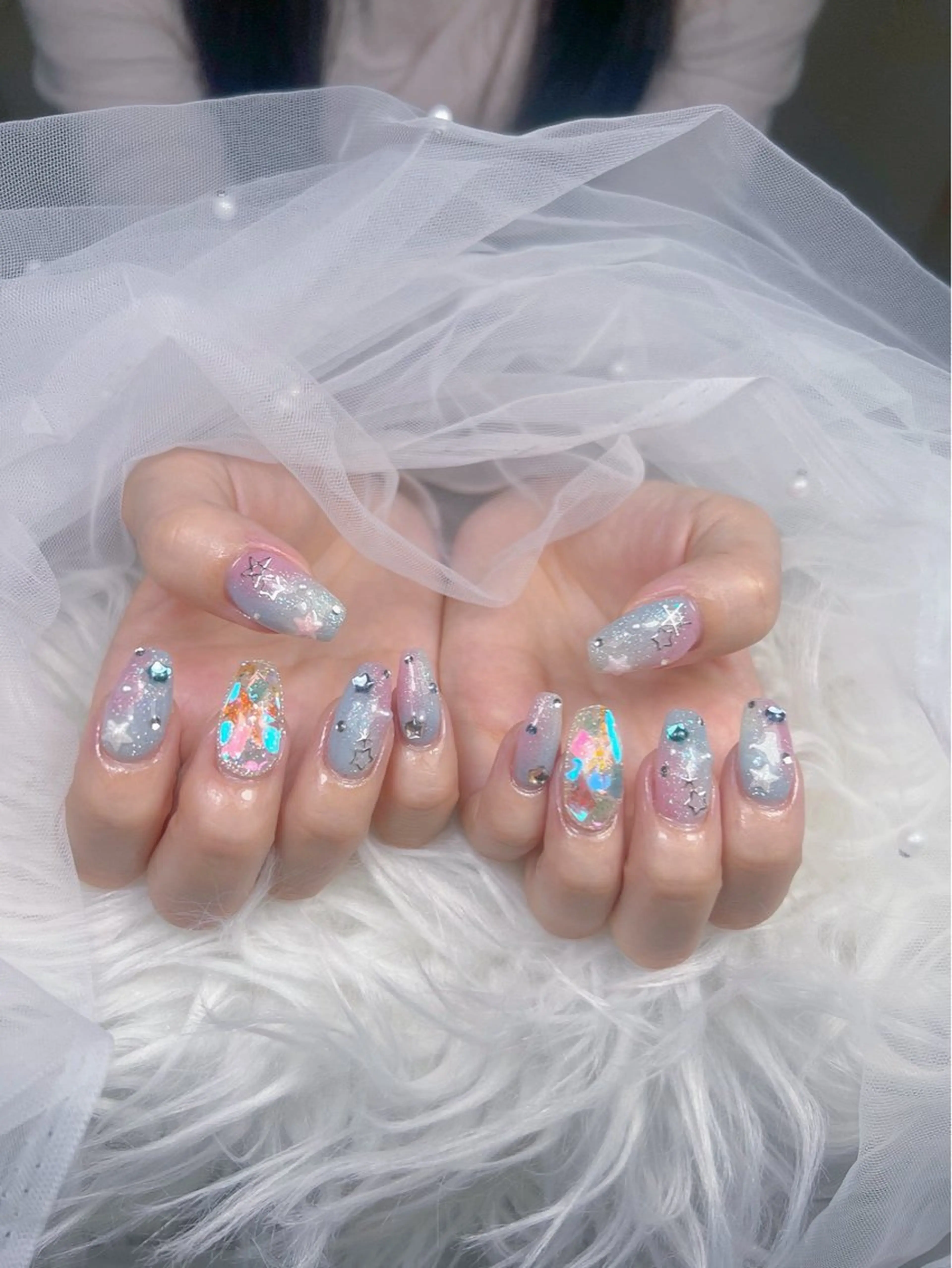 ネイル アートネイル オーロラネイル チークネイル 長さ出し フットネイル Miya _nailのネイルデザイン