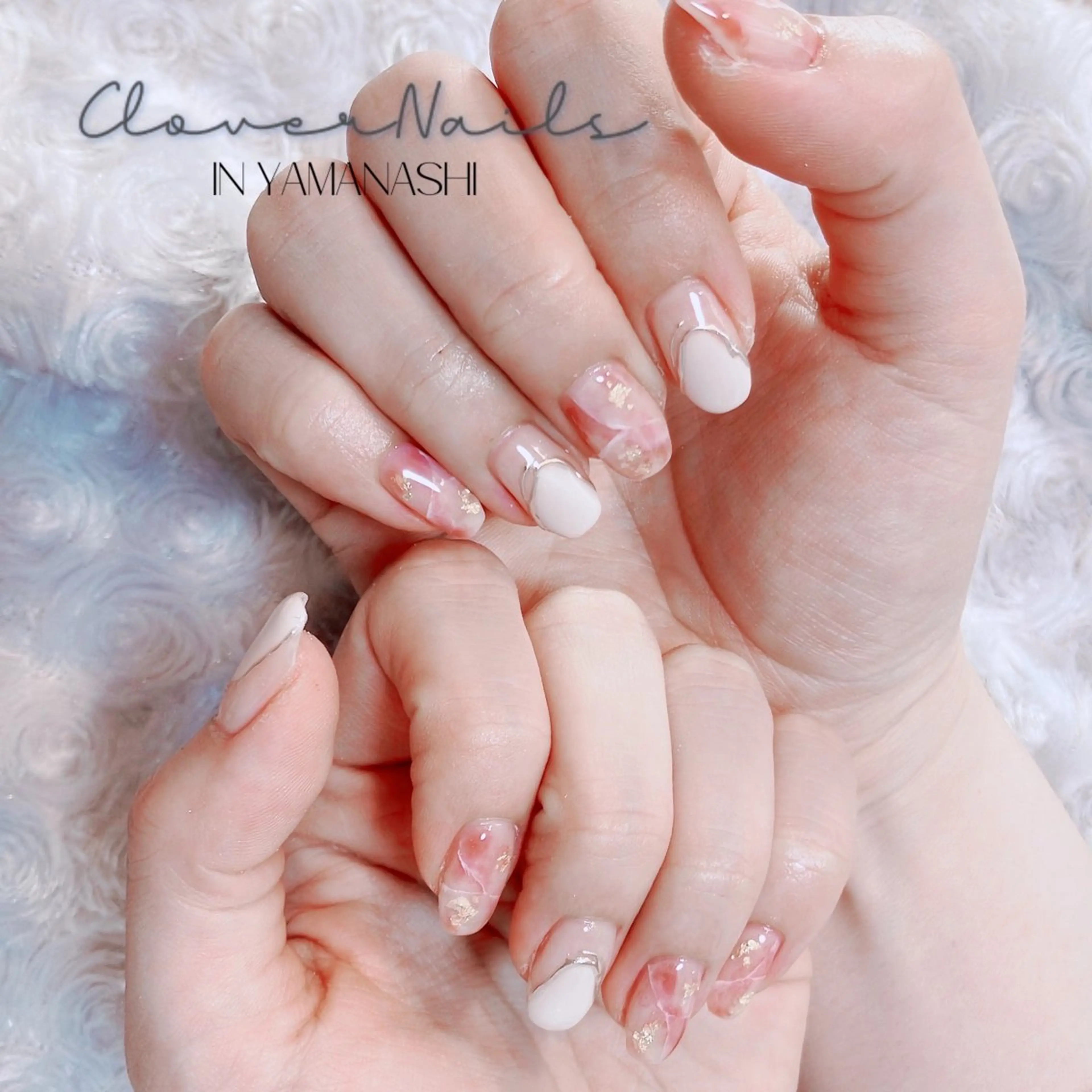 ネイル アートネイル 大理石ネイル(マーブル) ミラーネイル ピンク ホワイト ハンドネイル 自宅ネイルサロン クロバーネイルのネイルデザイン