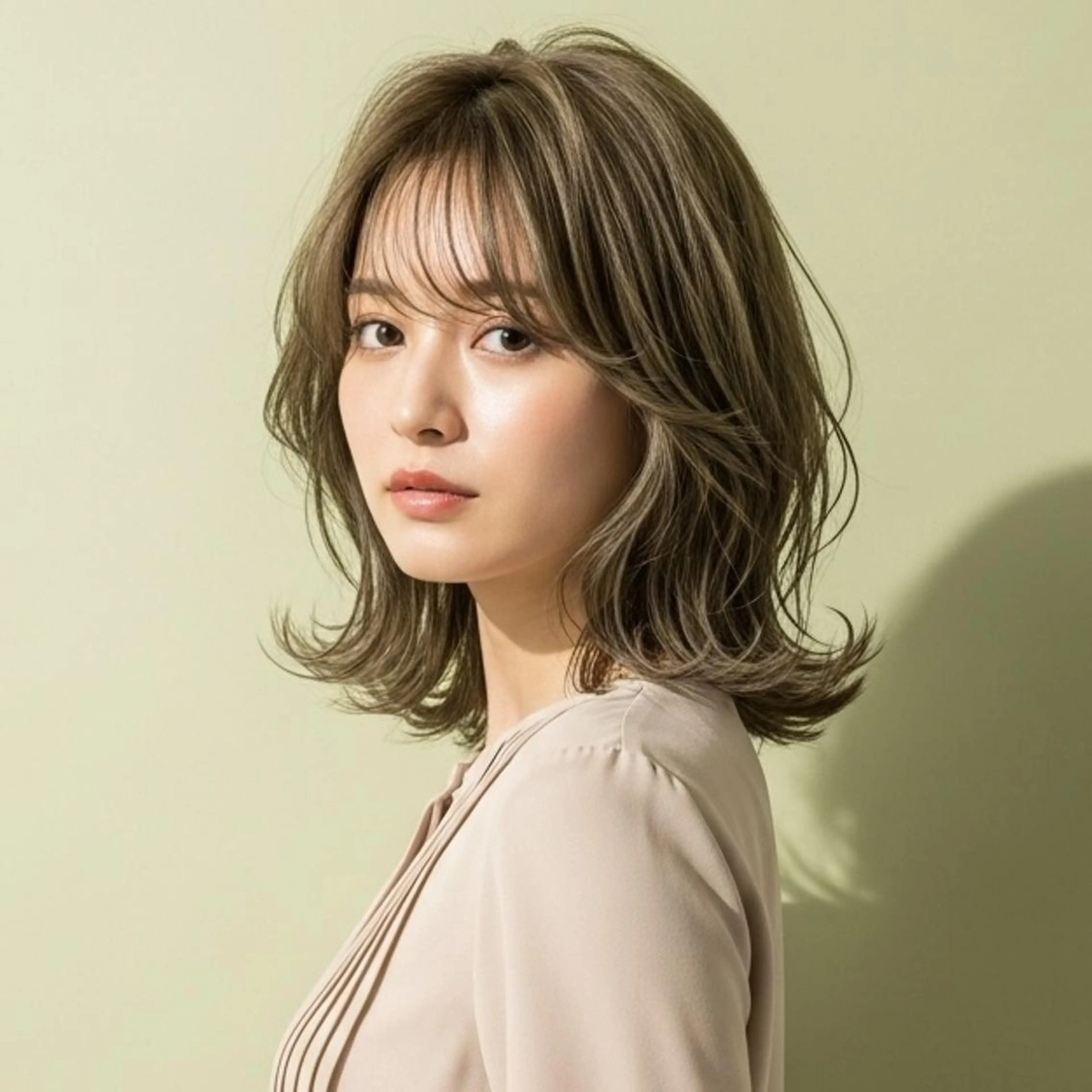 ミディアム カラー ミディアムレイヤー ベージュカラー 透明感カラー オリーブベージュ くびれヘア カット Halo/長居美容室 似合わせカット/ロキのヘアスタイル