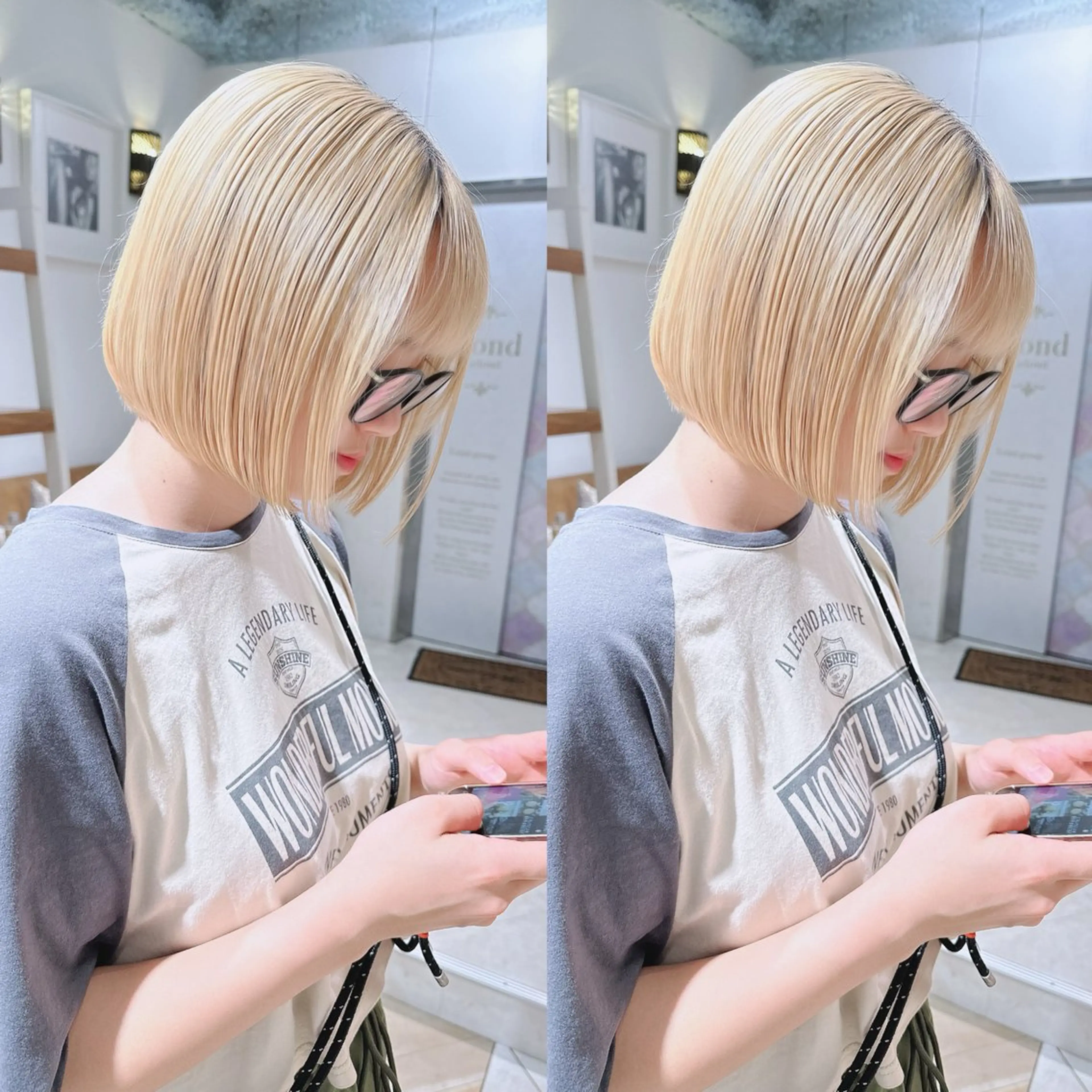 ミディアム カラー ベージュカラー ブリーチ ハイトーンカラー ホワイトベージュ ボブ カット ヘアカラー トリートメント ブリーチなし/暖色/ 透明感/ririkaのヘアスタイル