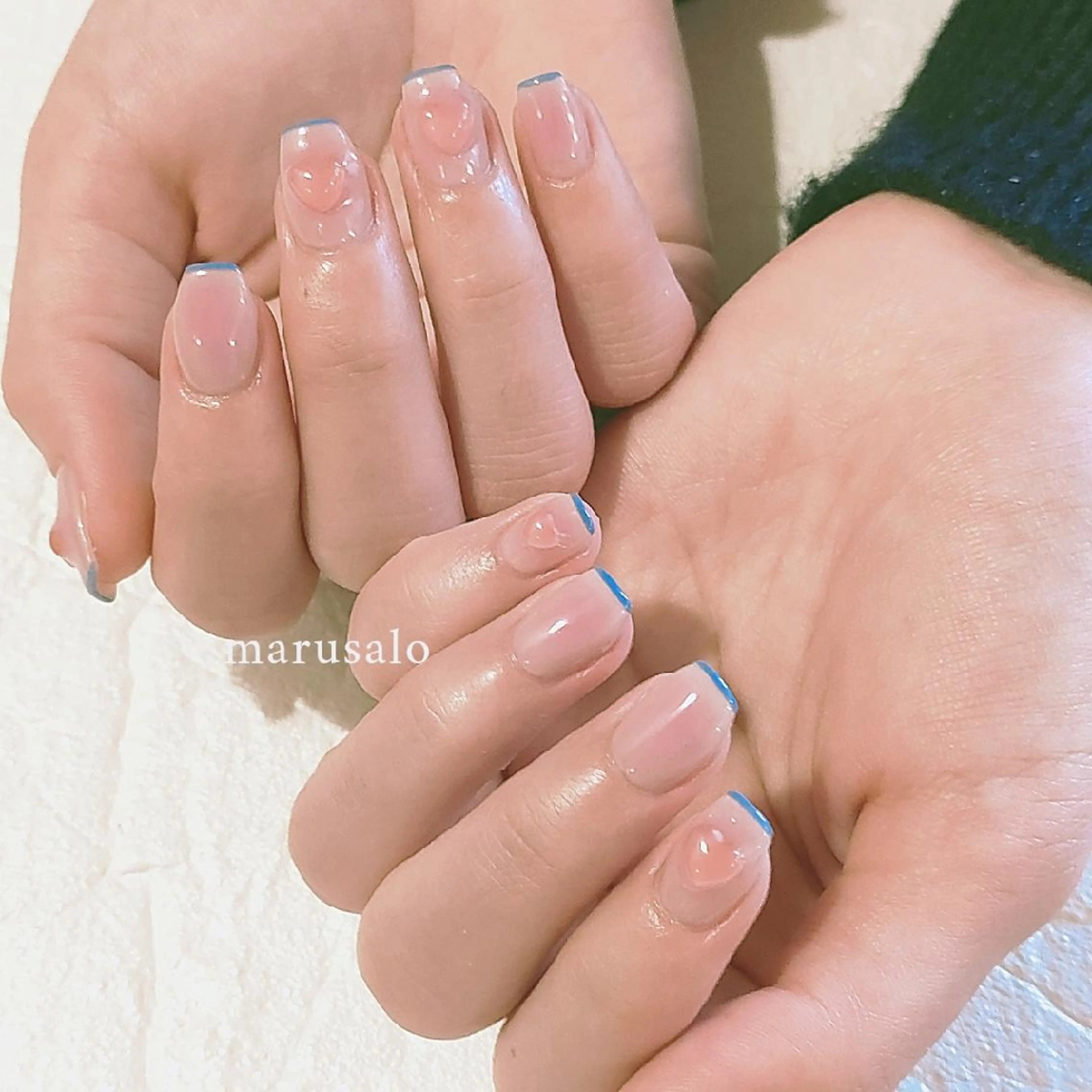 ネイル ブルー チークネイル フレンチネイル ハート 韓国ネイル ハンドネイル marusalo nailのネイルデザイン