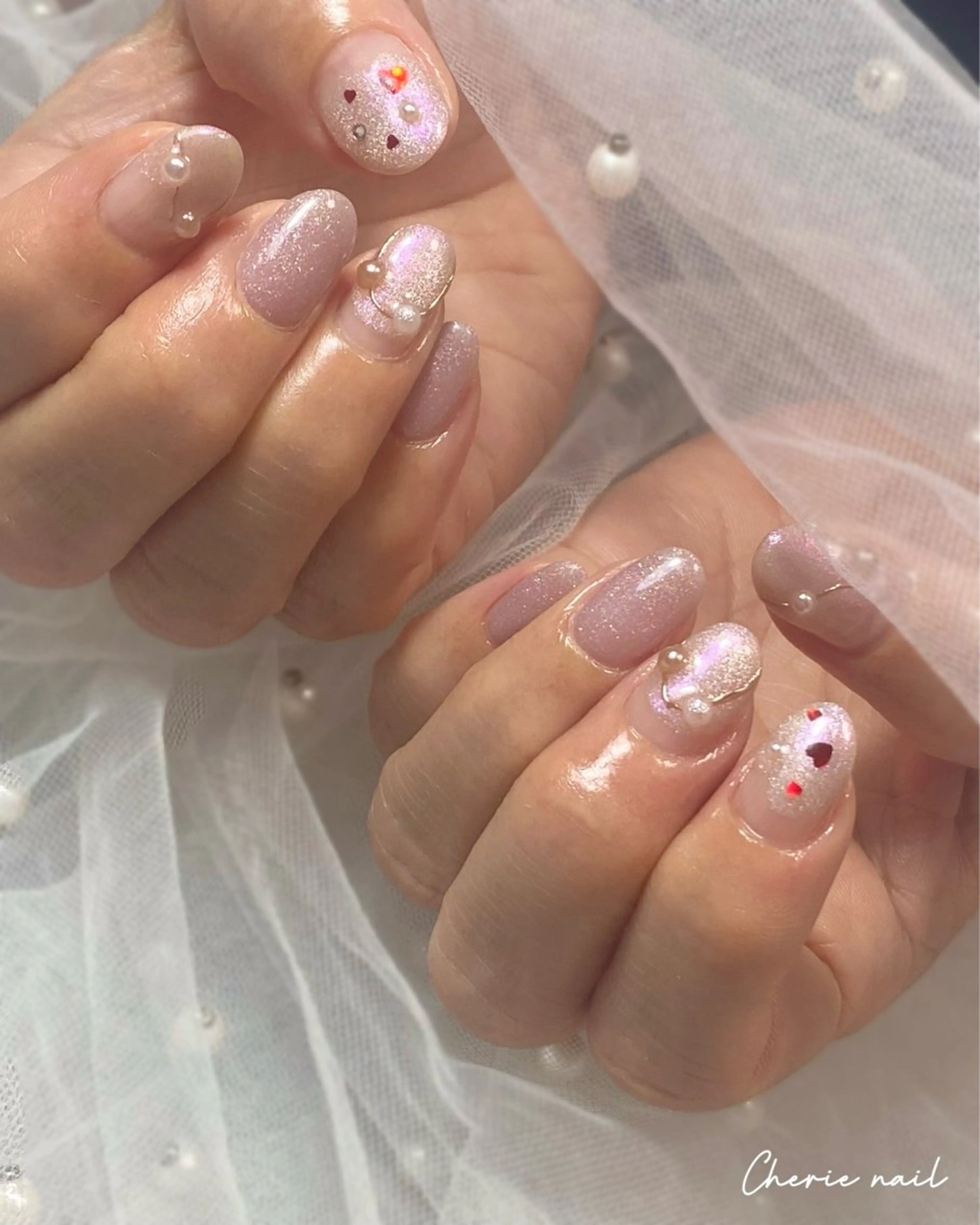 ネイル フラッシュネイル ジェルネイル ハート ミラーネイル ピンク ハンドネイル Cherienail yunaのネイルデザイン