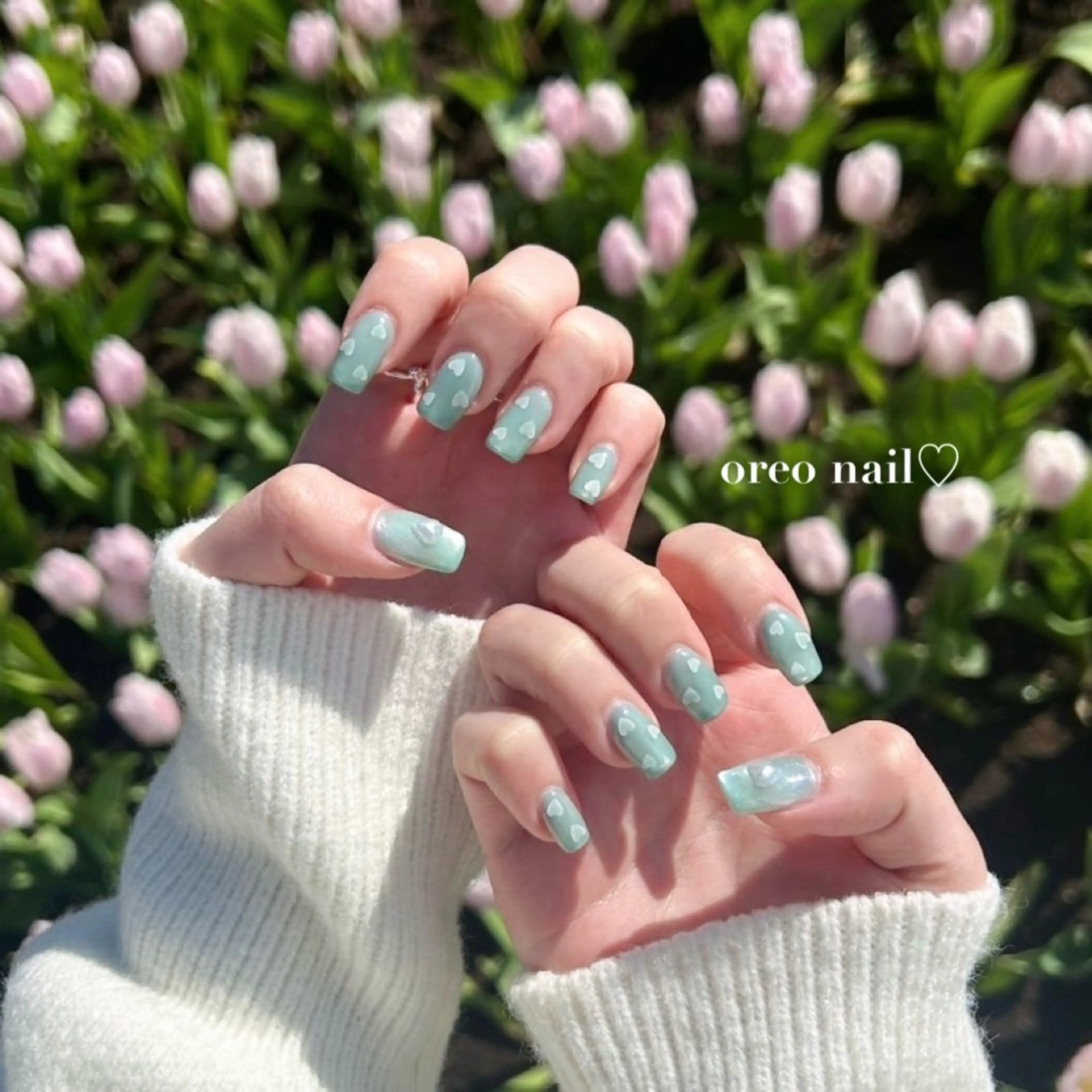 ネイル チークネイル フラッシュネイル ジェルネイル グリーン ハート oreo salon miyu 池袋のネイルデザイン