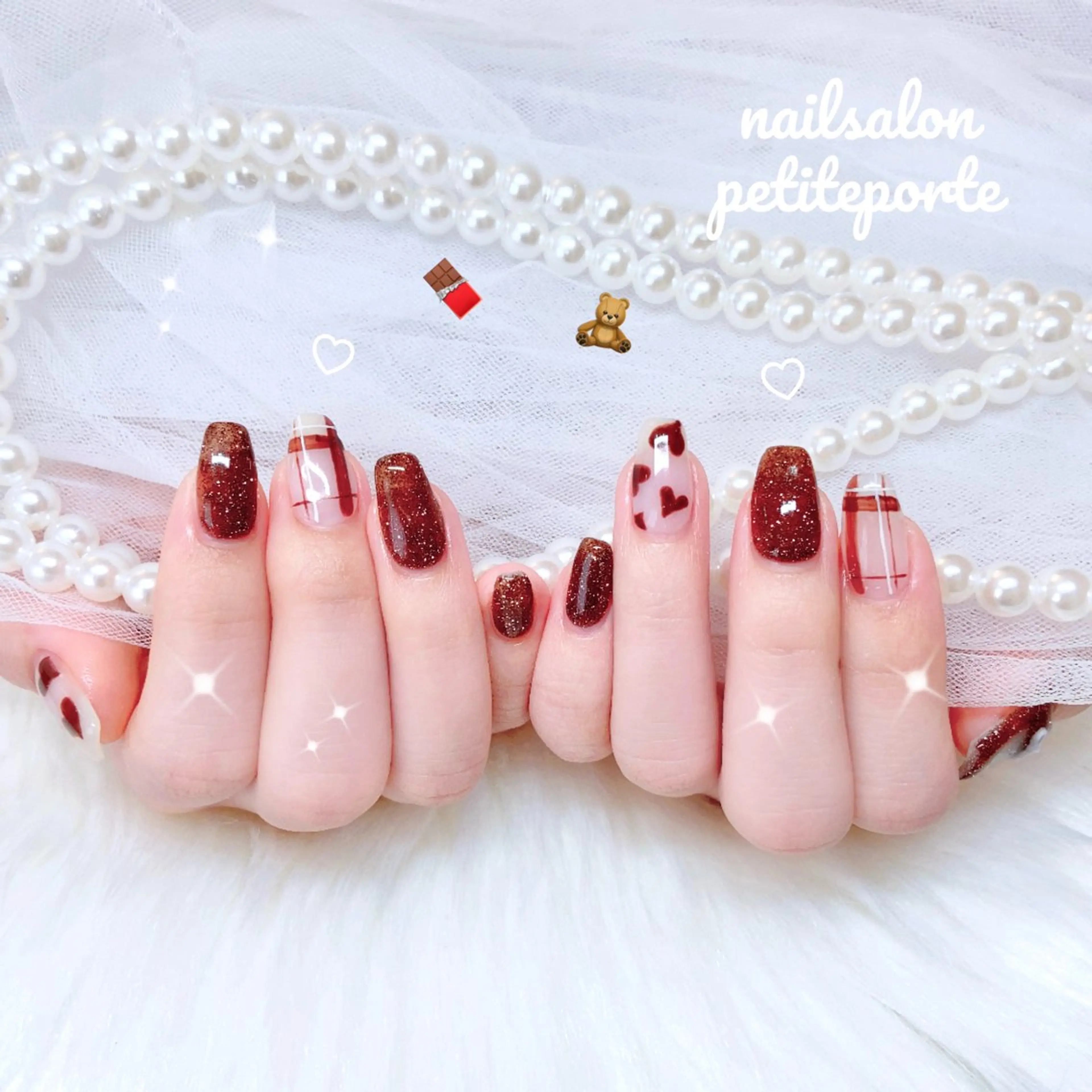 ネイル ブラウン ガーリー ハート バレンタイン ハンドネイル petite porteのネイルデザイン