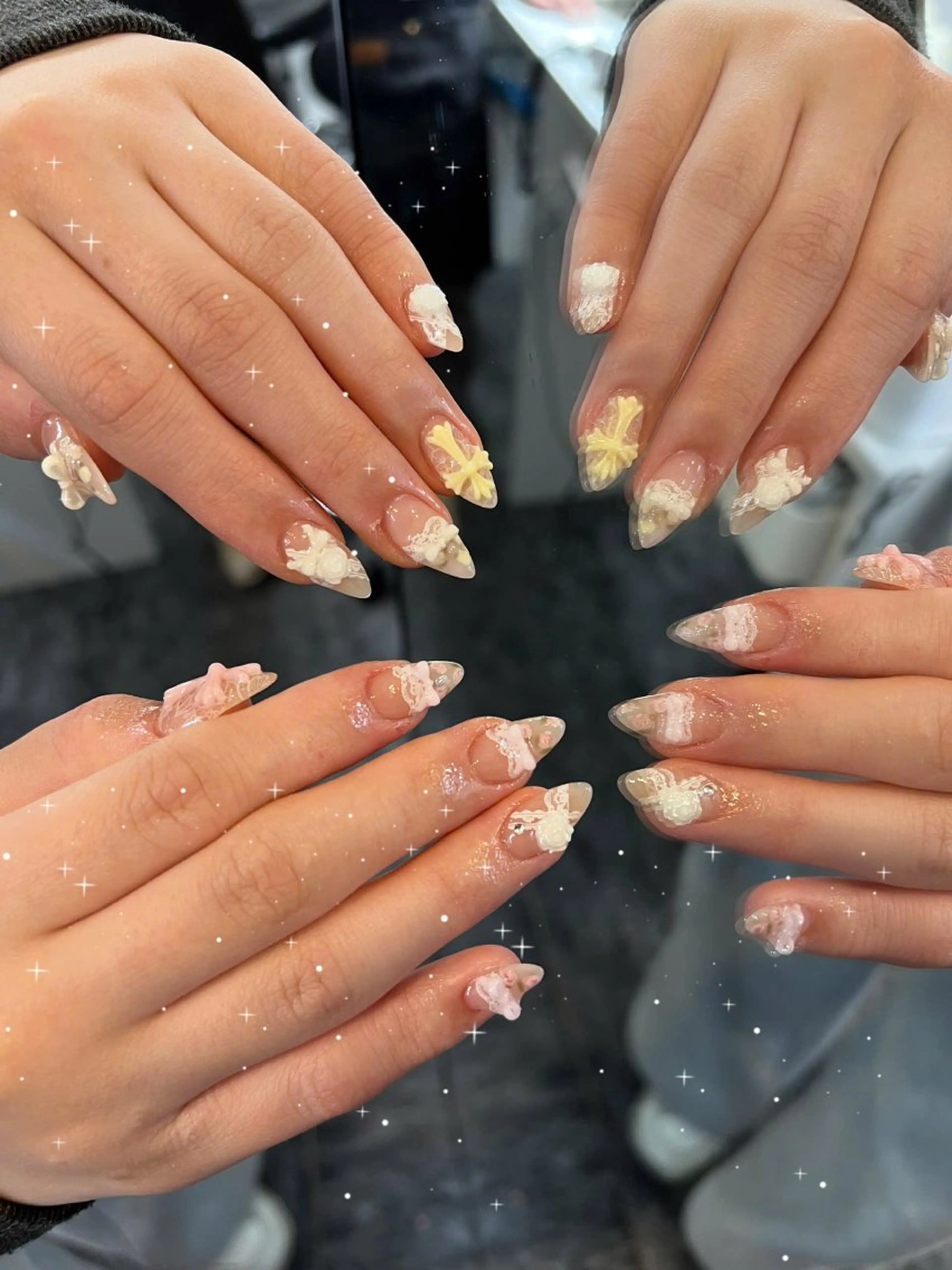 ネイル ガーリー ハート 韓国ネイル ニュアンスネイル リボン Sora nail 長さ出し専門店のネイルデザイン