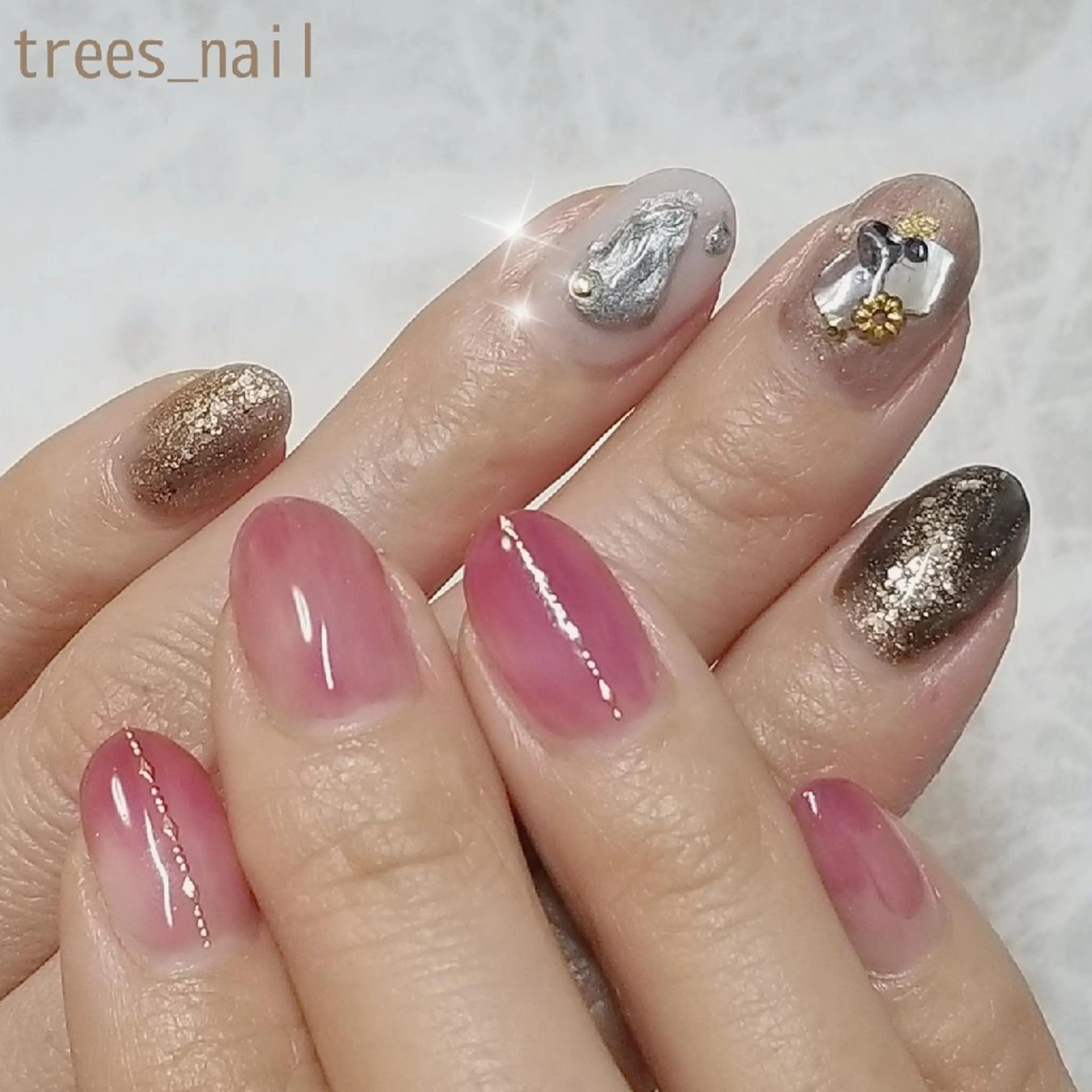 ネイル アートネイル ブラウン ニュアンスネイル パープル trees_ nailのネイルデザイン